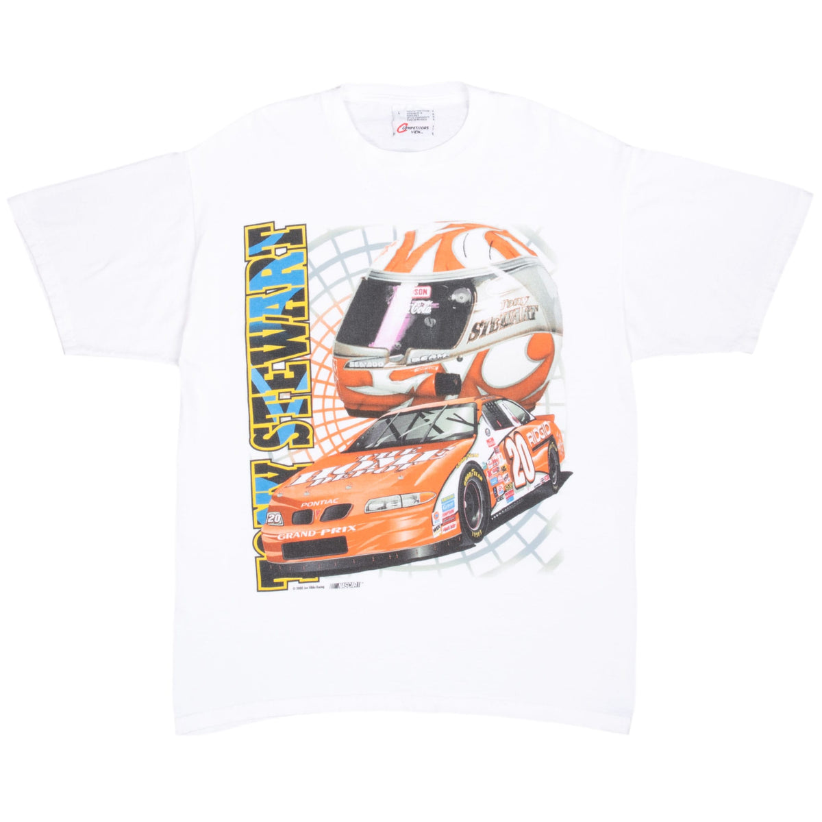 Front of white Tony Stewart NASCAR T-shirt with orange No. 20 Home Depot race car and helmet graphic