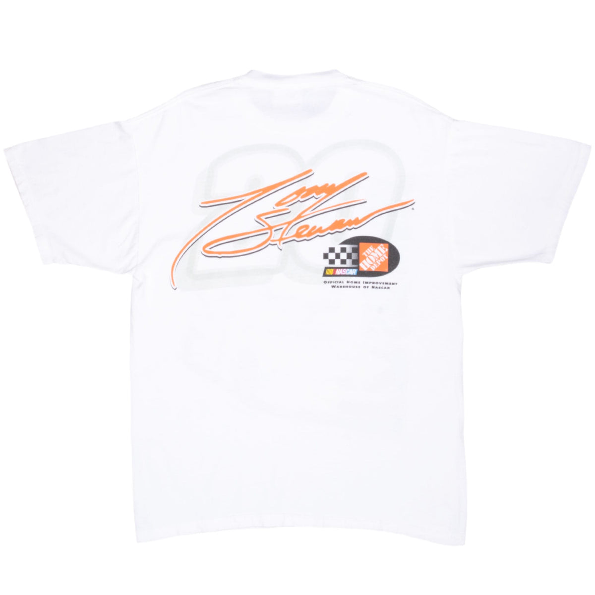 Back of white Tony Stewart T-shirt with orange signature graphic and Home Depot NASCAR logos