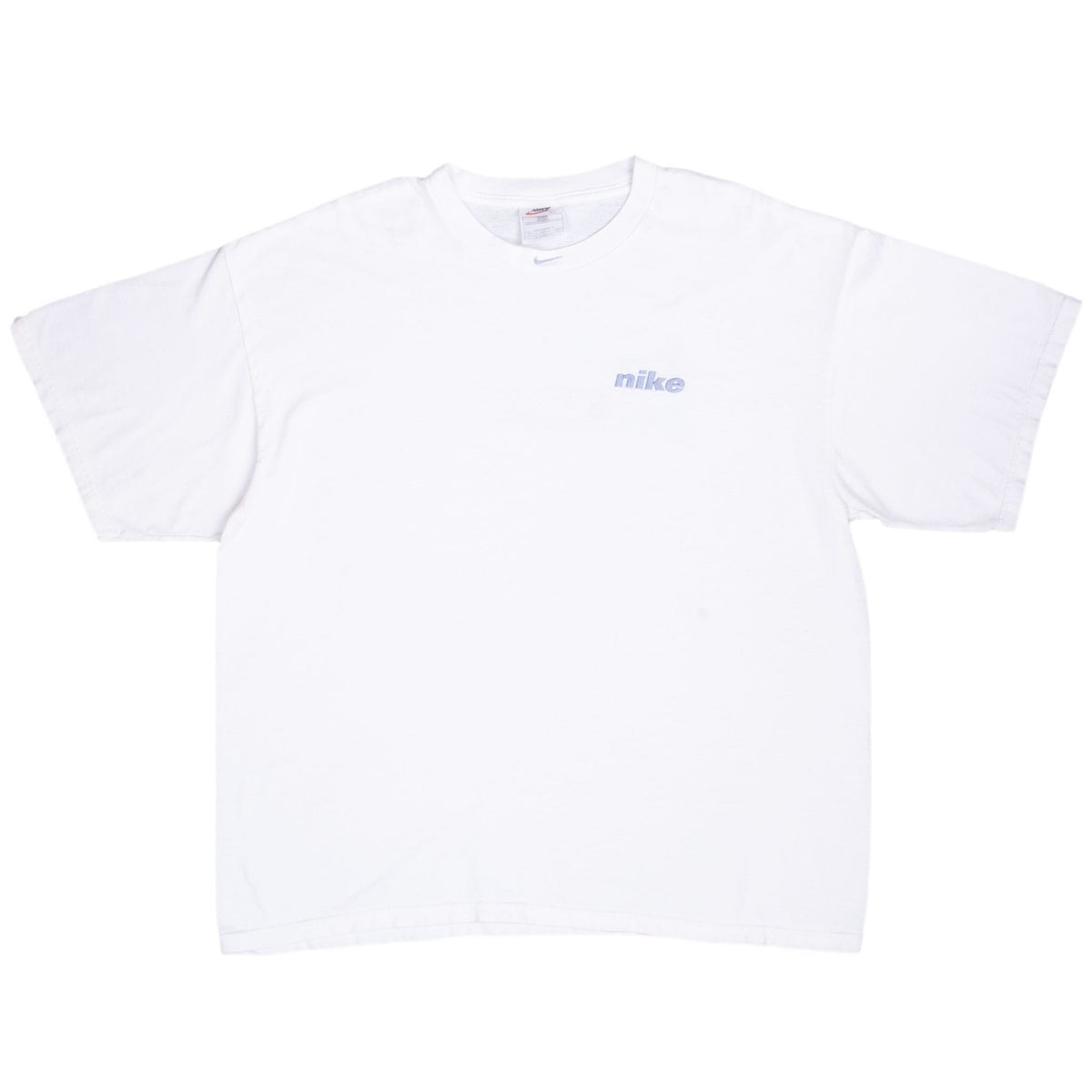 Front of white Nike crewneck T-shirt with small light blue embroidered chest wordmark