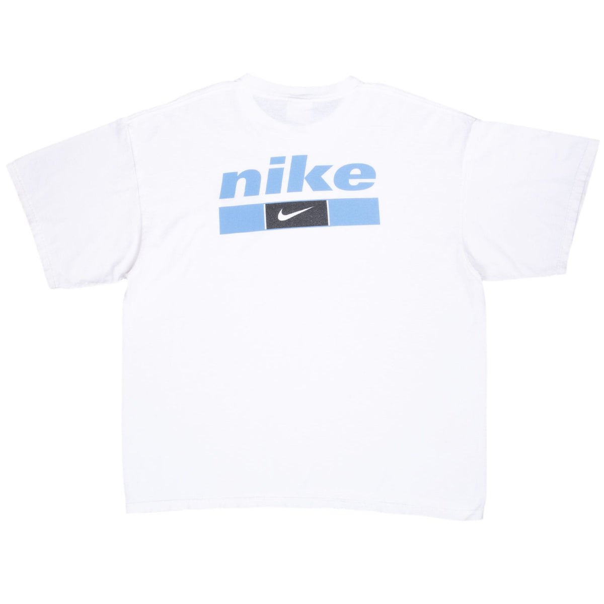 Back of white Nike T-shirt with large light blue wordmark and contrasting Swoosh graphic