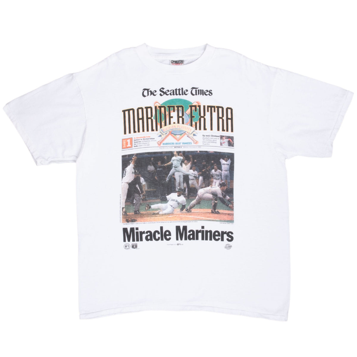 Front of white Seattle Mariners T-shirt with Mariners Beat Yankees newspaper graphic