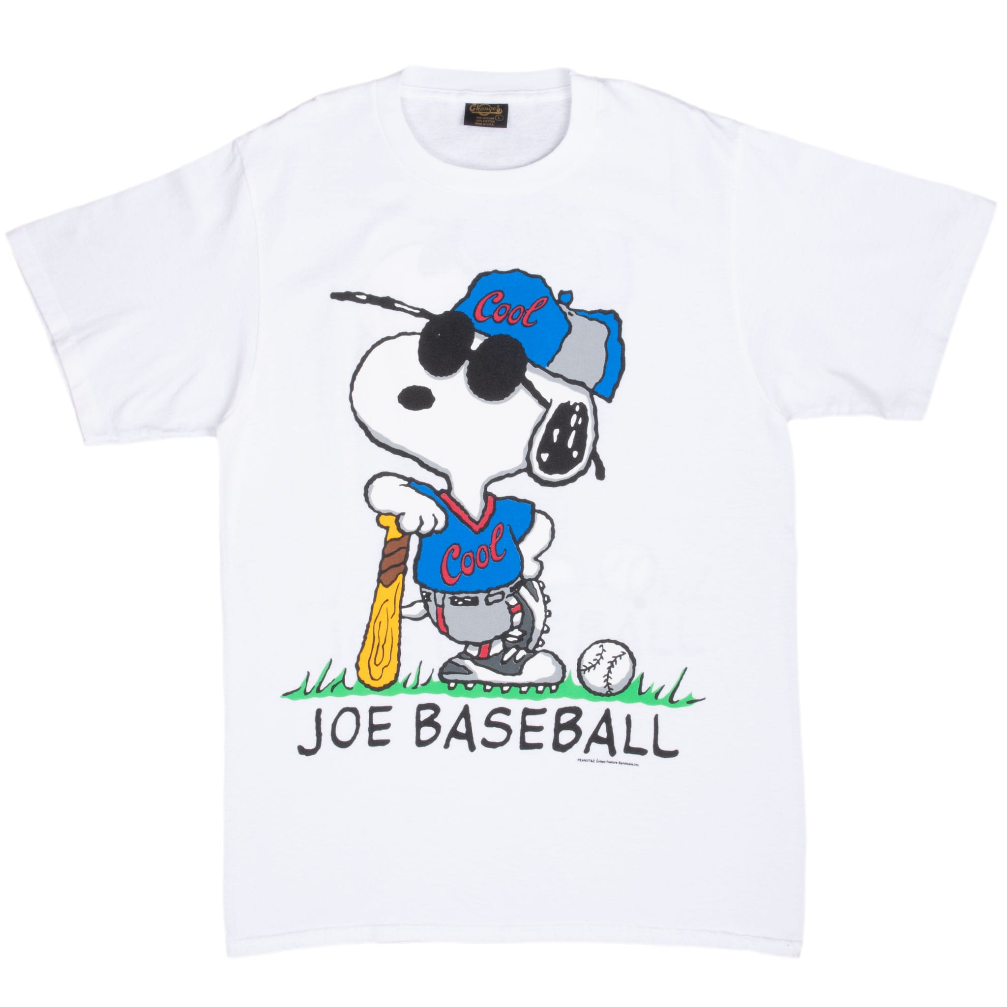 Full front of white Peanuts T-shirt with colorful Snoopy Joe Baseball graphic