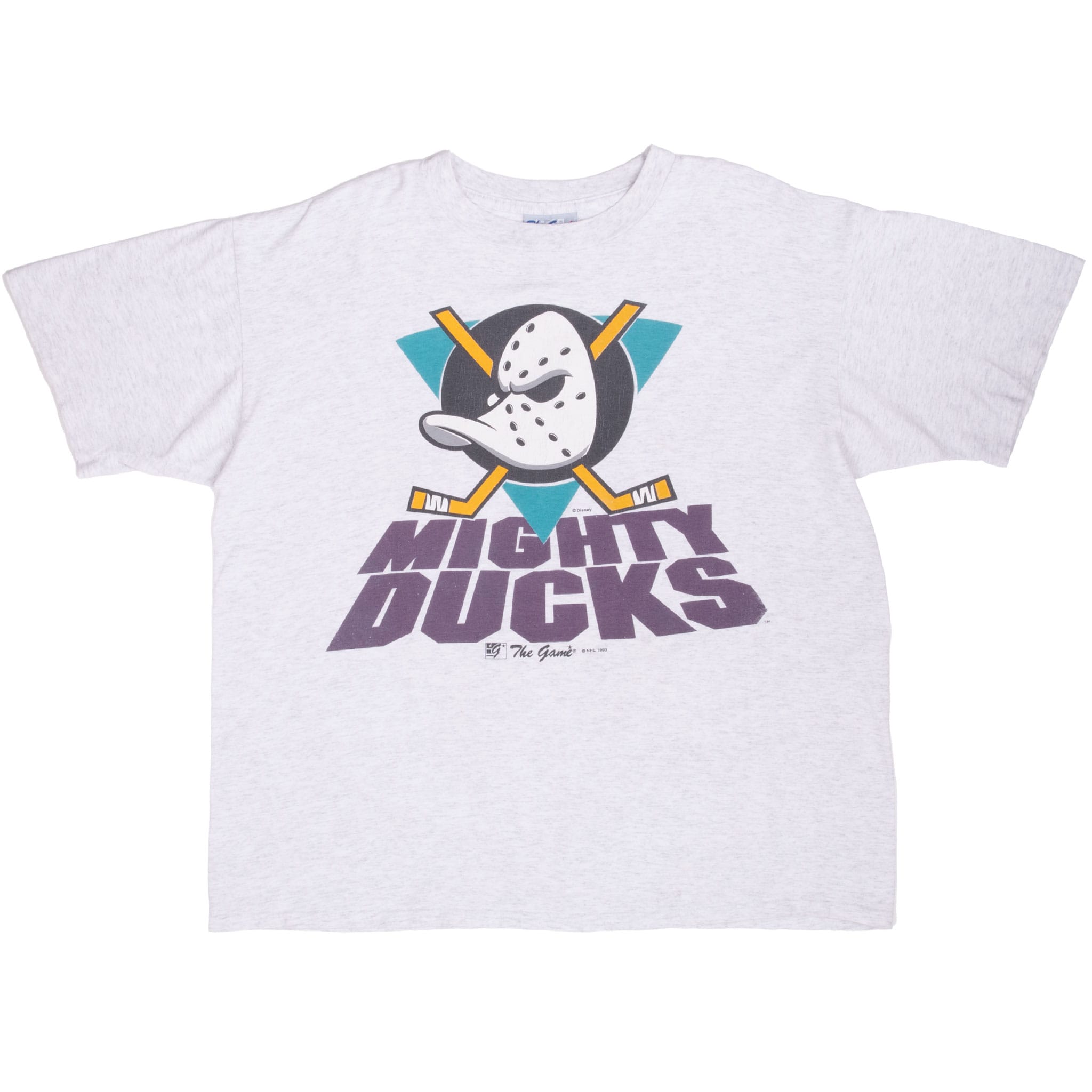 Front of gray Anaheim Mighty Ducks T-shirt with teal, yellow and purple team graphic