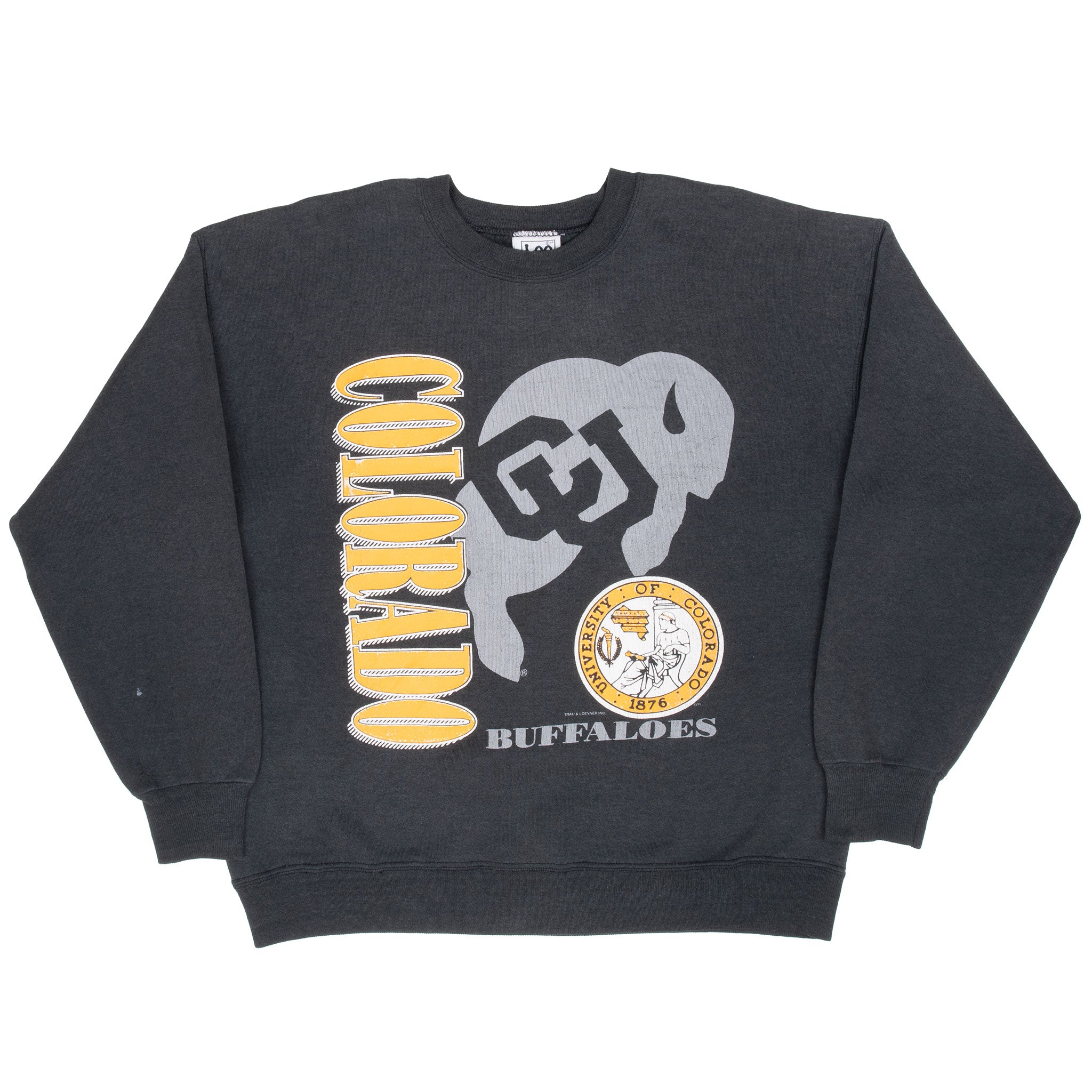 Full front of dark gray Colorado Golden Buffaloes crewneck sweatshirt with gold and gray graphic