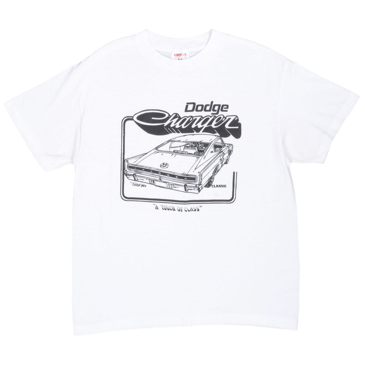 Full front view of white Dodge Charger crewneck T-shirt with black car graphic