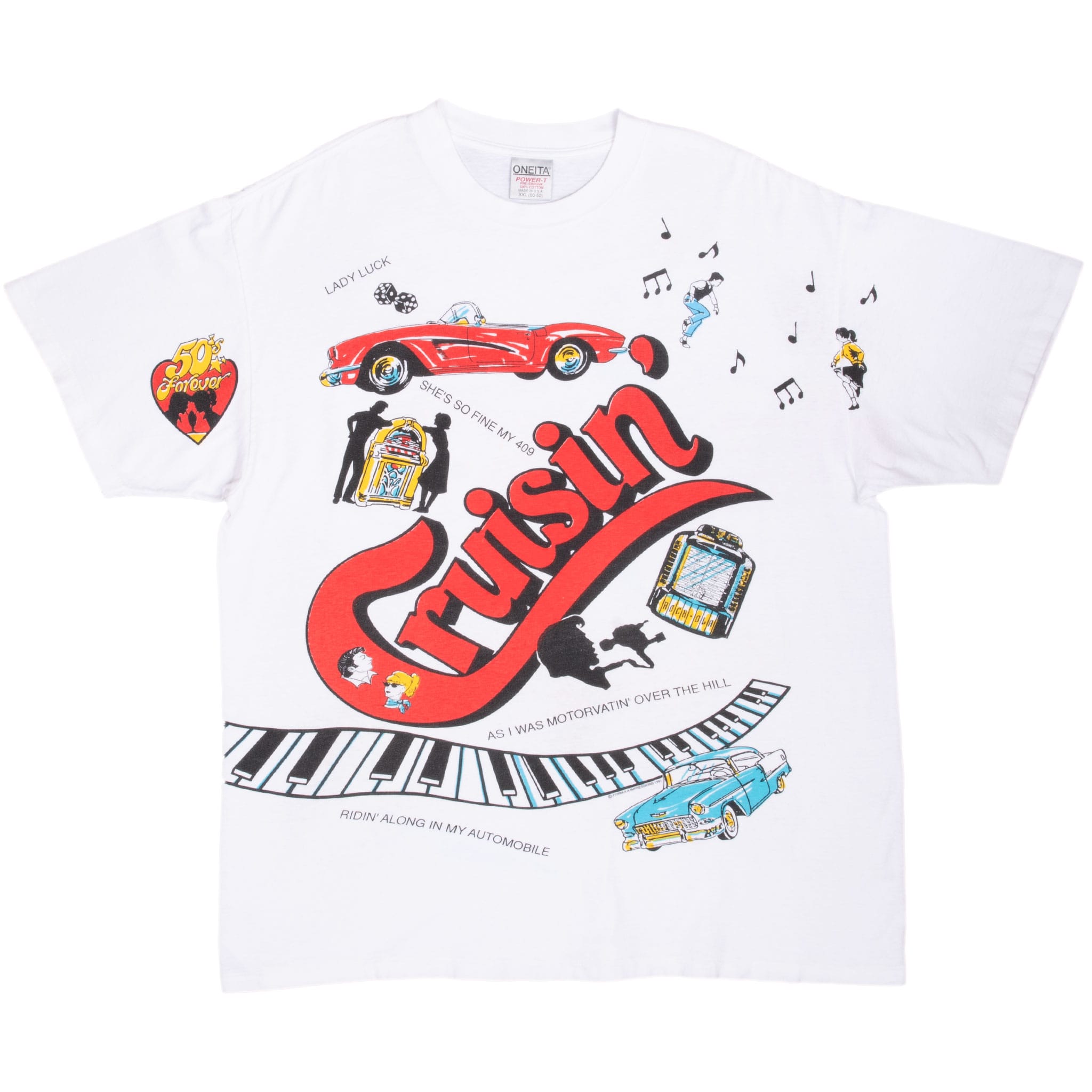 Front of white Back to the 50s T-shirt with Cruisin graphic, classic cars, jukeboxes and piano keys