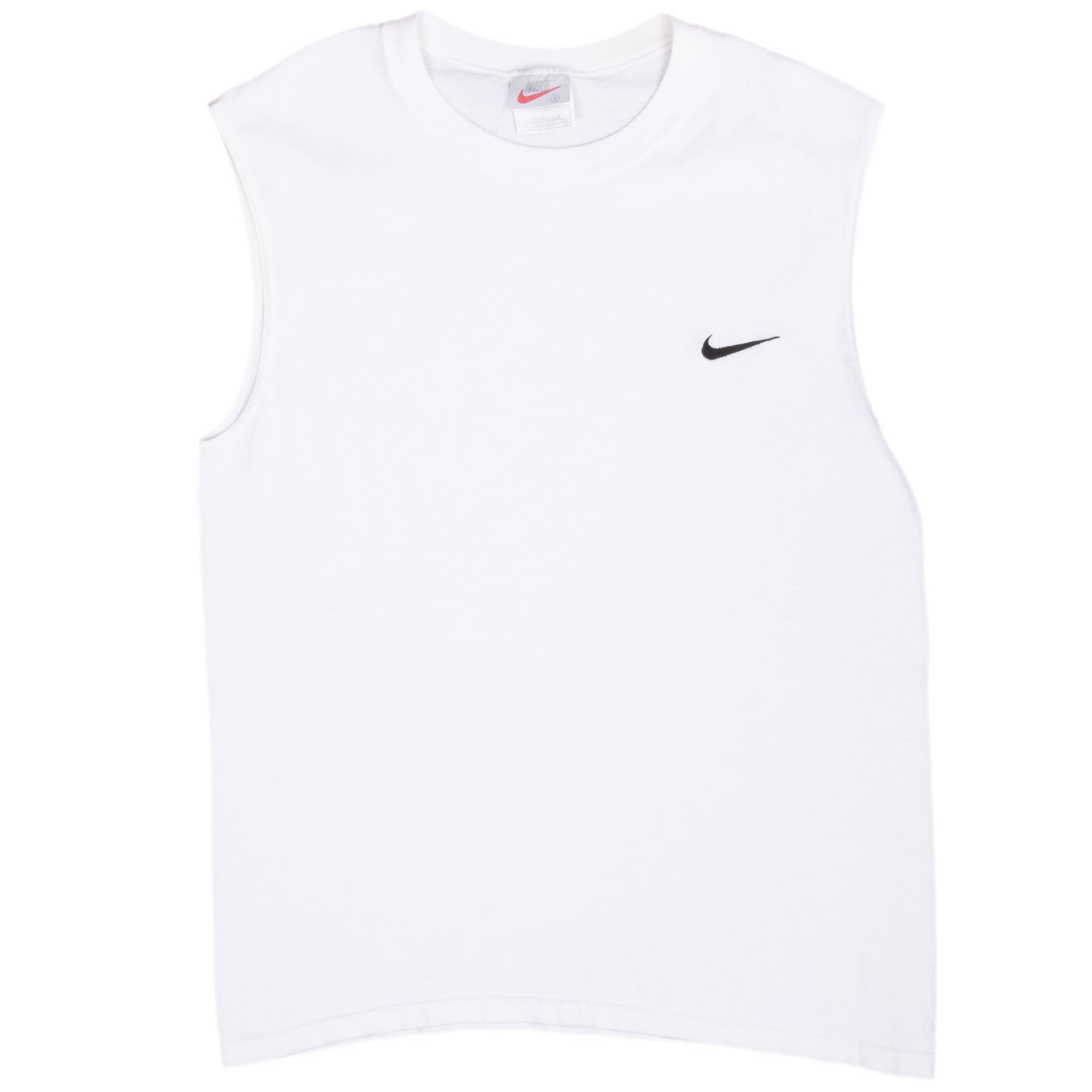 Front of white Nike sleeveless tank top with black embroidered Swoosh at left chest