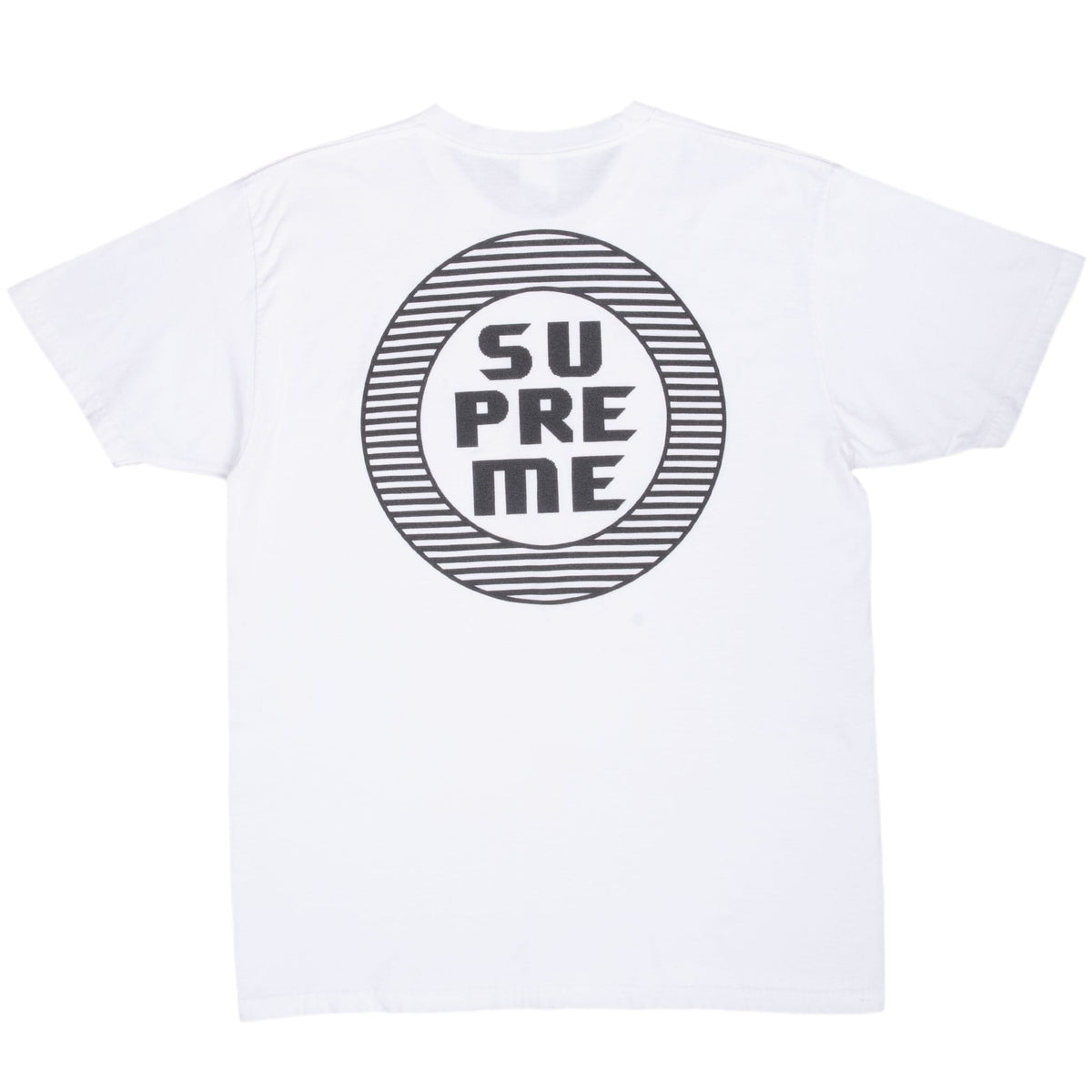 Back of white Supreme T-shirt with oversized black striped Disrupt Circle graphic