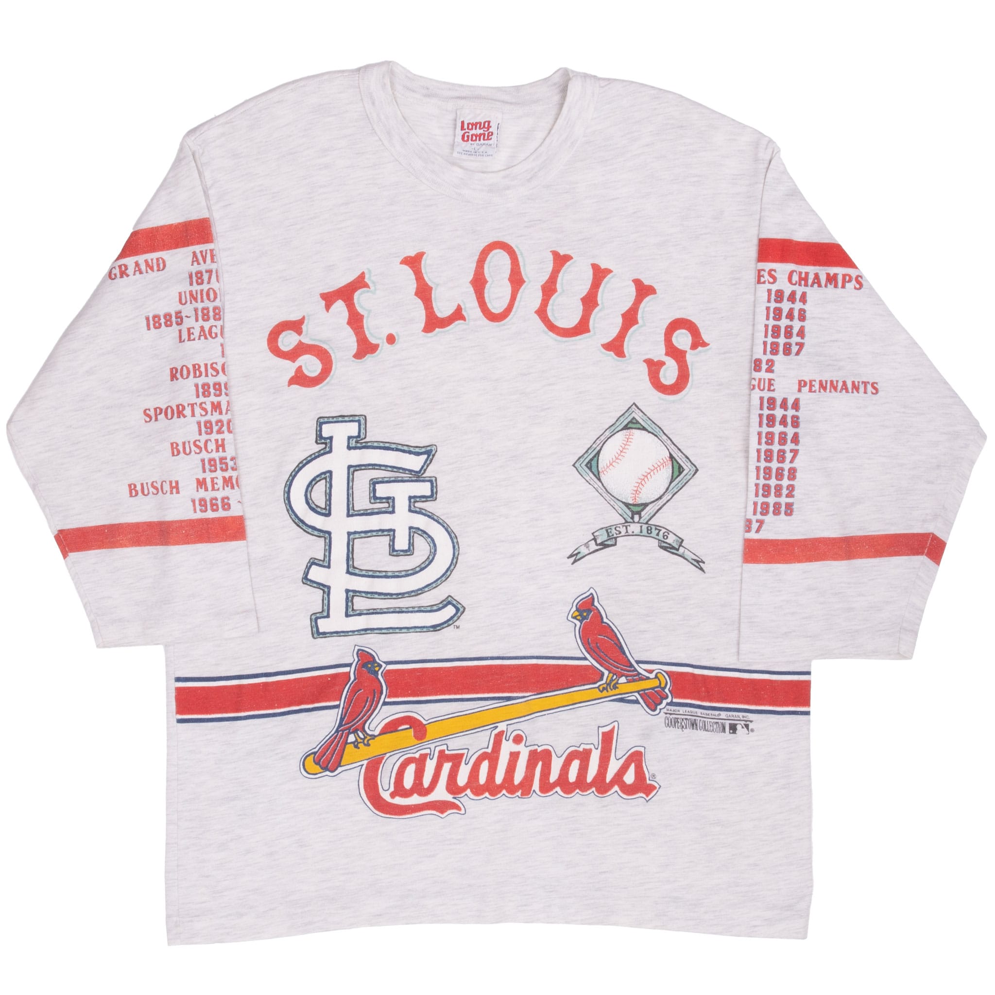 Full front of gray St. Louis Cardinals T-shirt with team logos, birds on bat, and printed sleeves