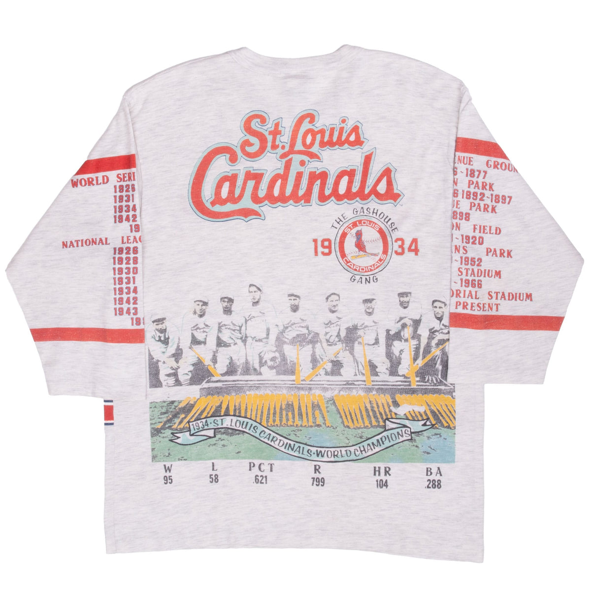 Back of gray St. Louis Cardinals T-shirt featuring the 1934 Gashouse Gang team and season statistics