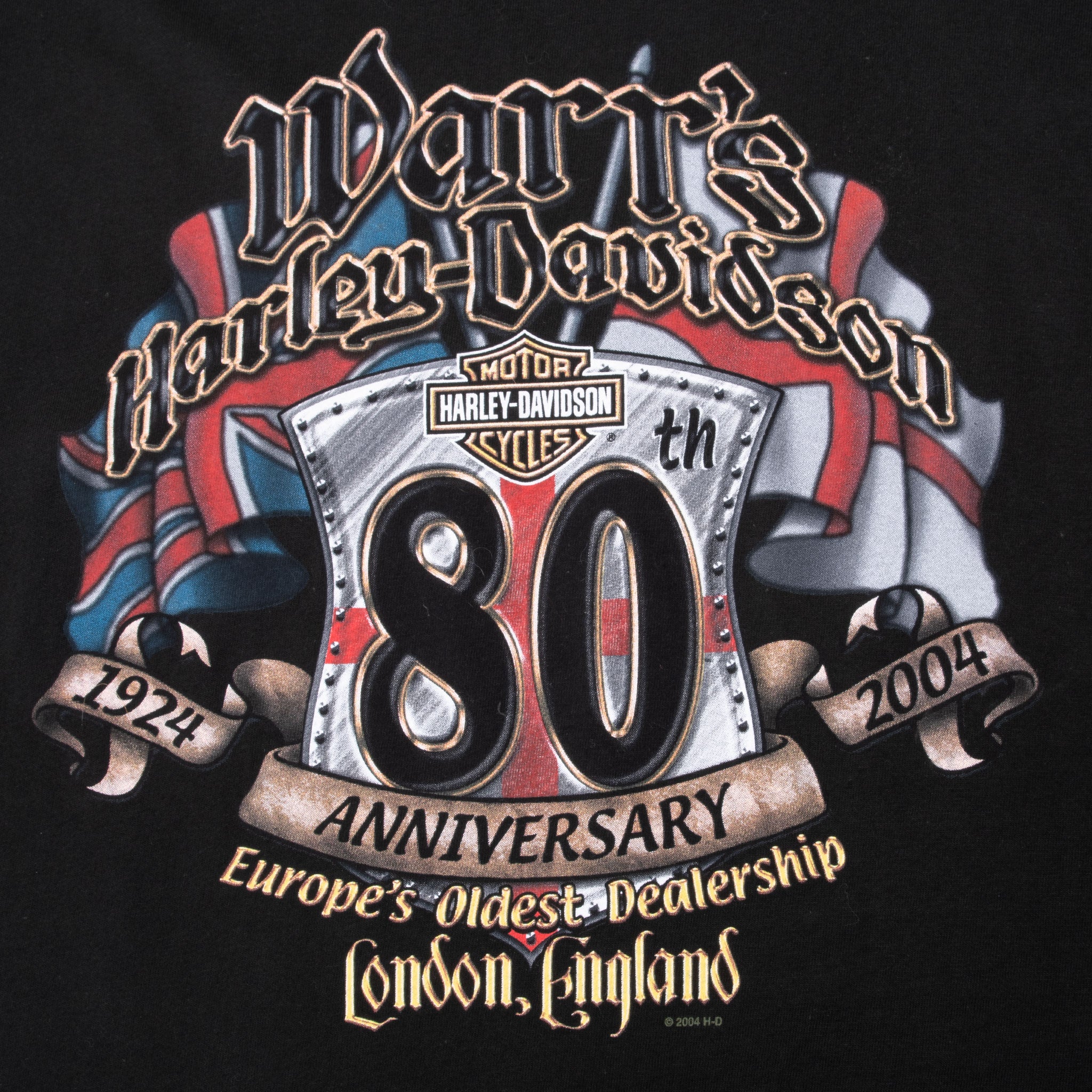 Vintage Harley Davidson London Europe Oldest Dealership 80th Anniversary 2004 Tee Shirt Size Xl Made In Usa
