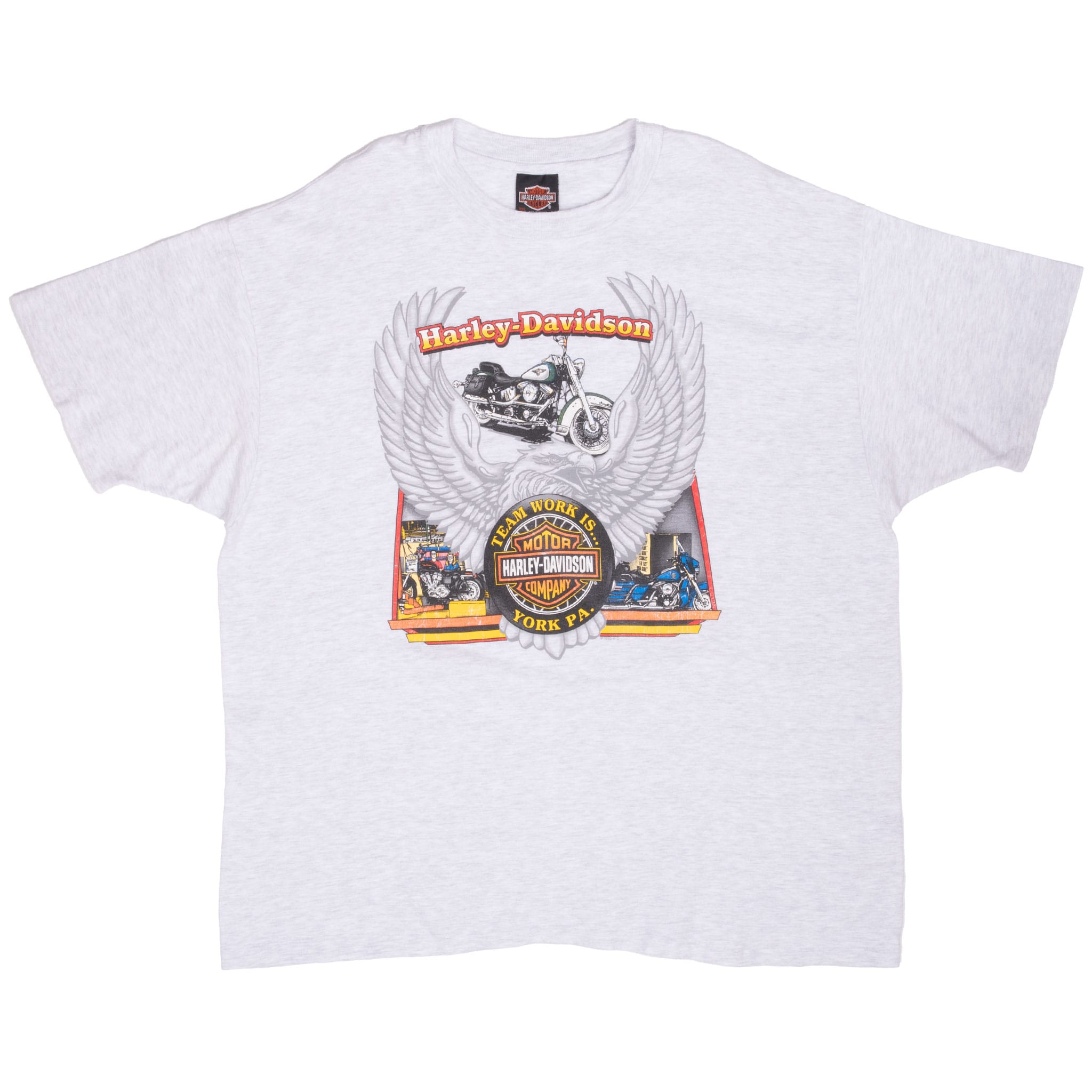 Front of gray Harley-Davidson York PA T-shirt with eagle, motorcycles, and Team Work graphic