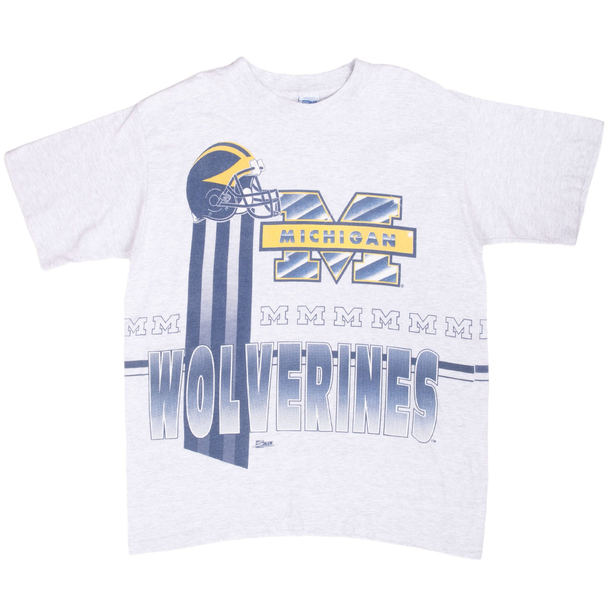 Full front view of gray Michigan Wolverines T-shirt with helmet, block M and oversized lettering