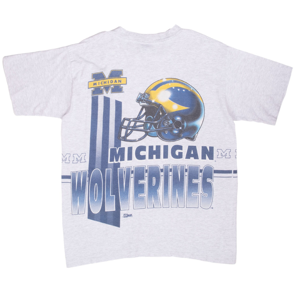 Back of gray Michigan Wolverines T-shirt with maize-and-blue football helmet and oversized lettering