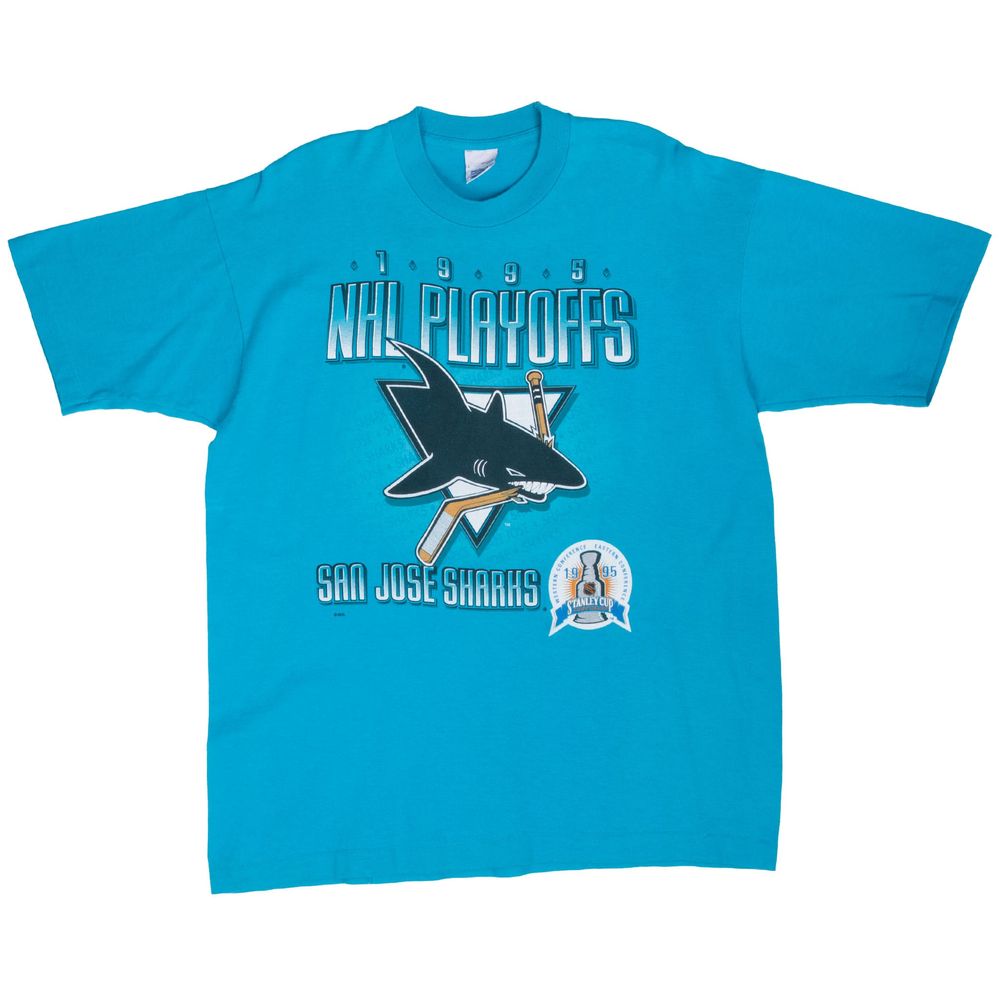 Full front of teal San Jose Sharks 1995 NHL Playoffs short-sleeve T-shirt