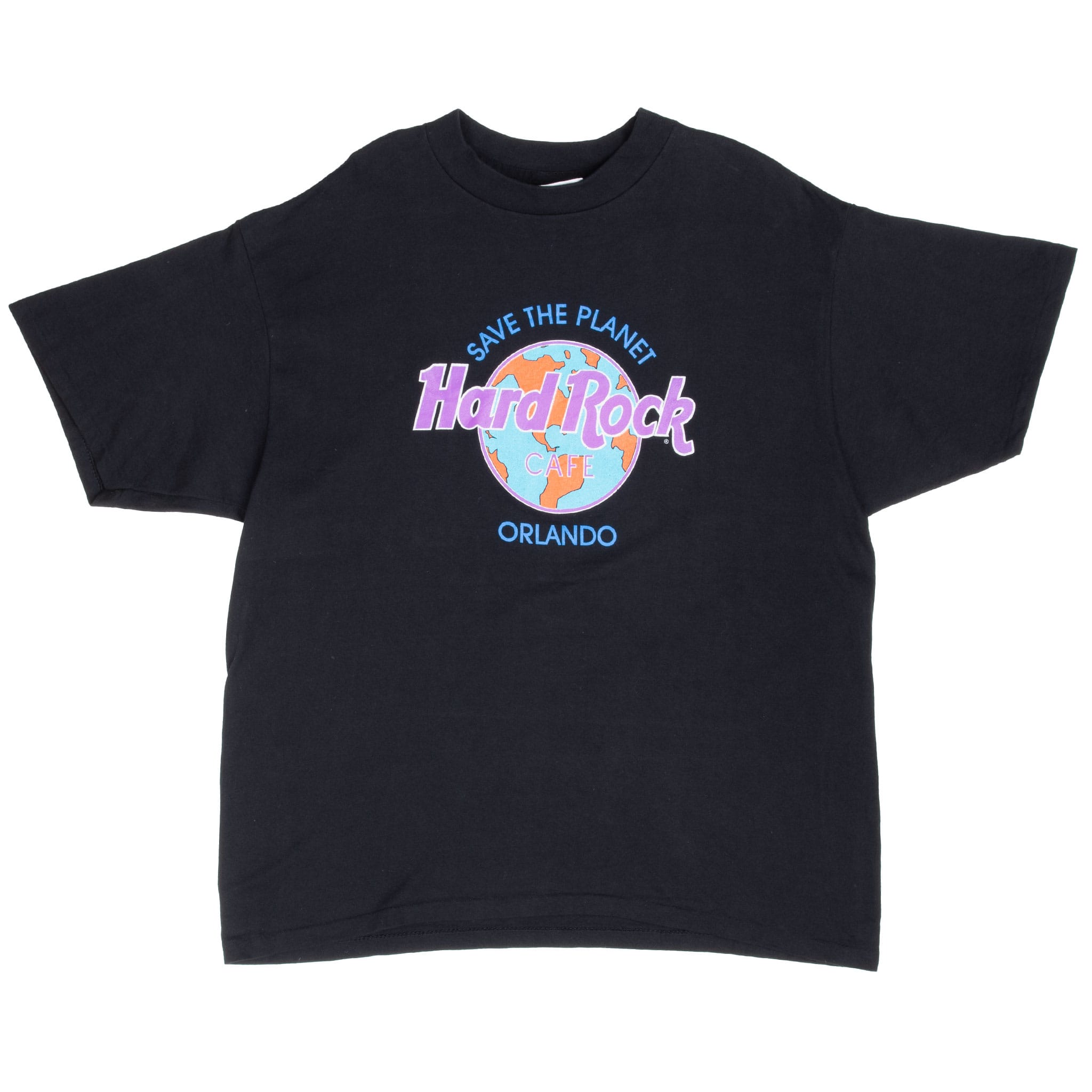Full front of black Hard Rock Cafe Orlando T-shirt with Save the Planet globe graphic