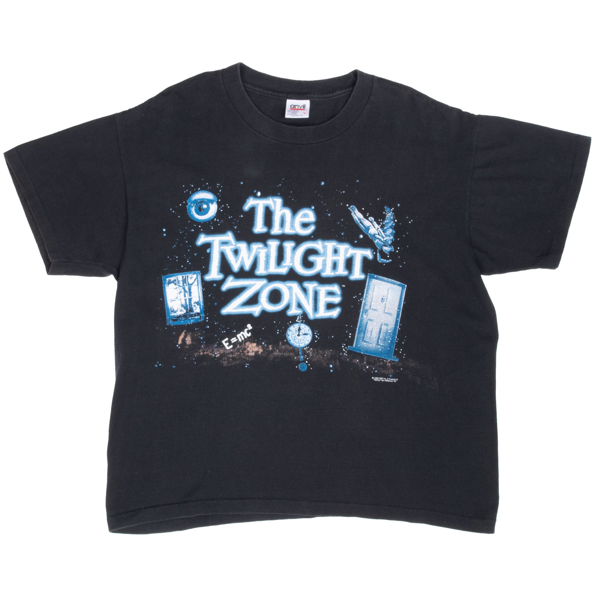 Front of black Disney The Twilight Zone T-shirt with large blue-and-white graphic