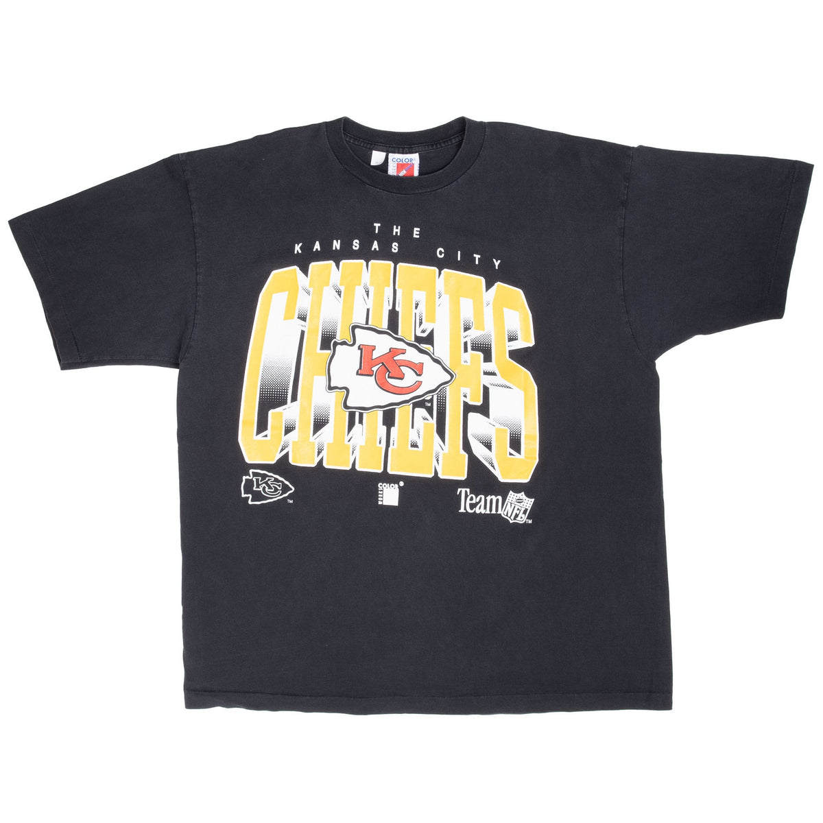 Full front view of black Kansas City Chiefs short-sleeve T-shirt with oversized team graphic