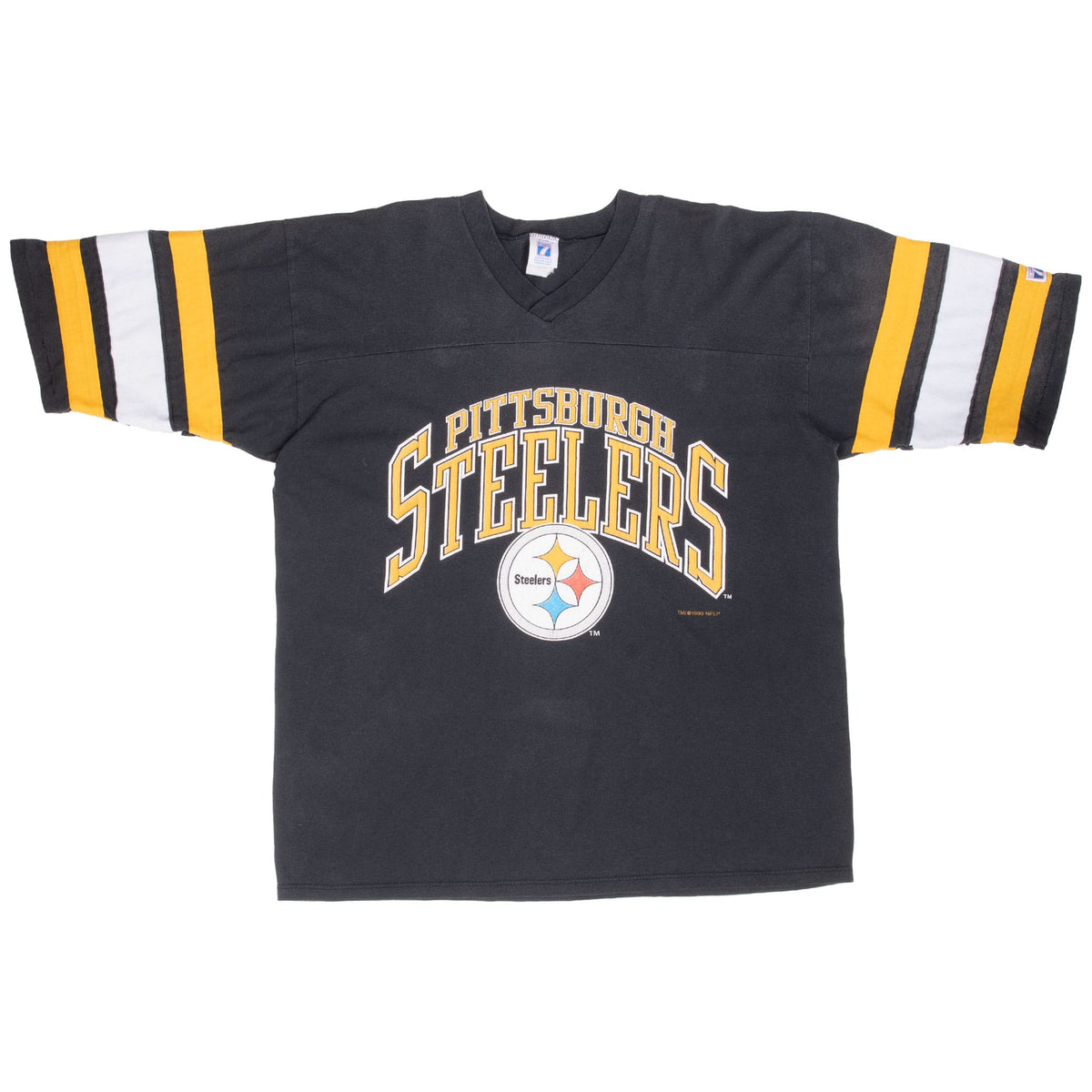 Front of black Pittsburgh Steelers V-neck T-shirt with gold, white and black striped sleeves