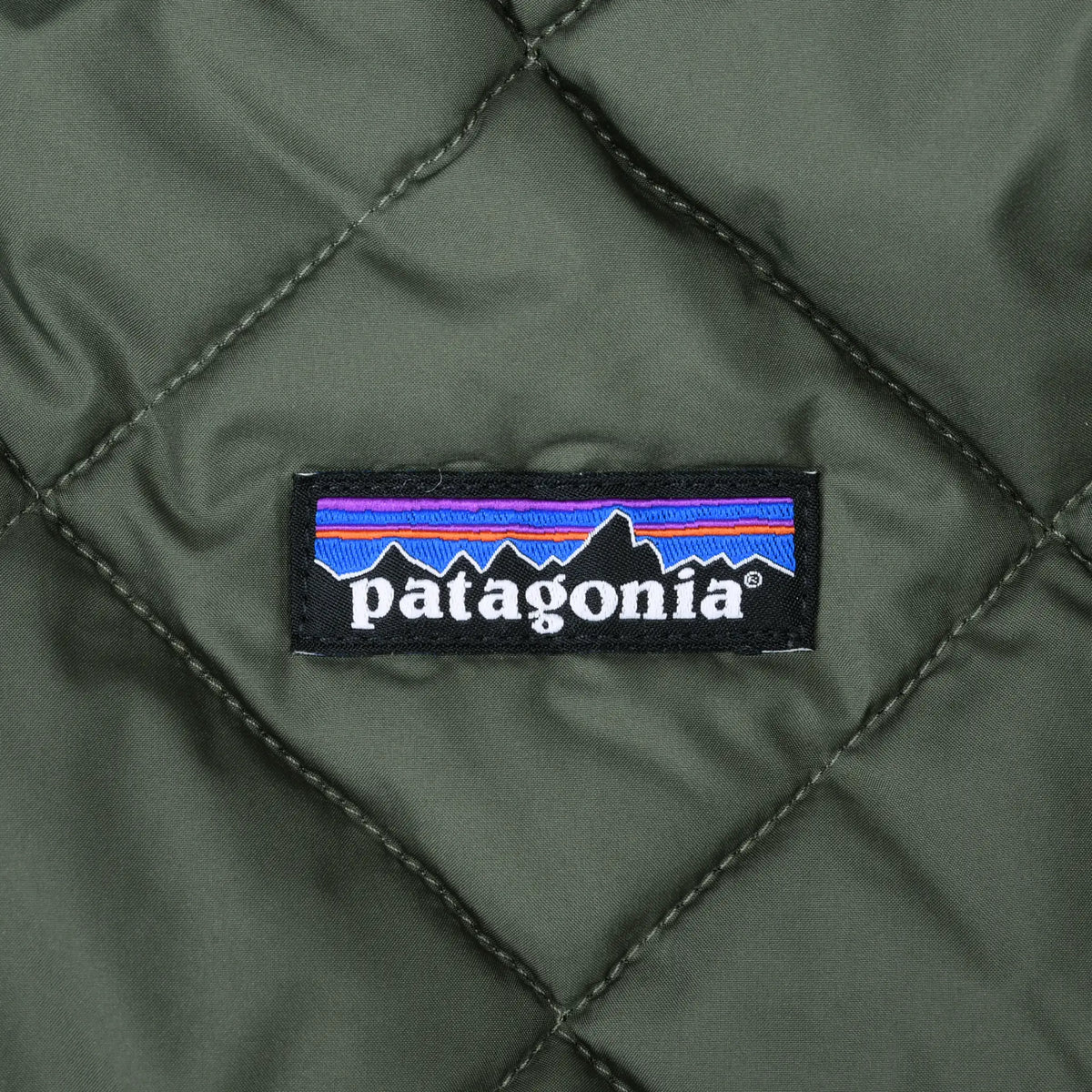 Patagonia logo patch on green diamond-quilted liner fabric