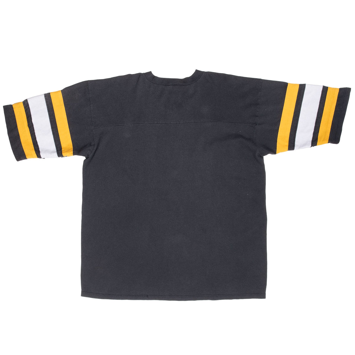 Back of black Pittsburgh Steelers V-neck T-shirt with gold, white and black striped sleeves