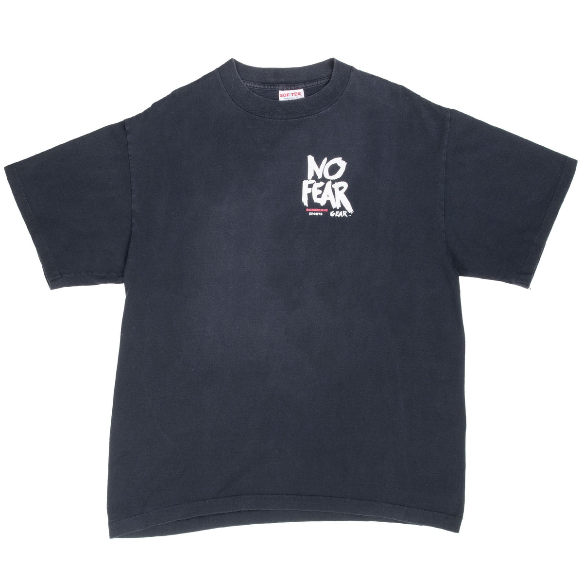 Front of black No Fear short-sleeve T-shirt with small chest graphic