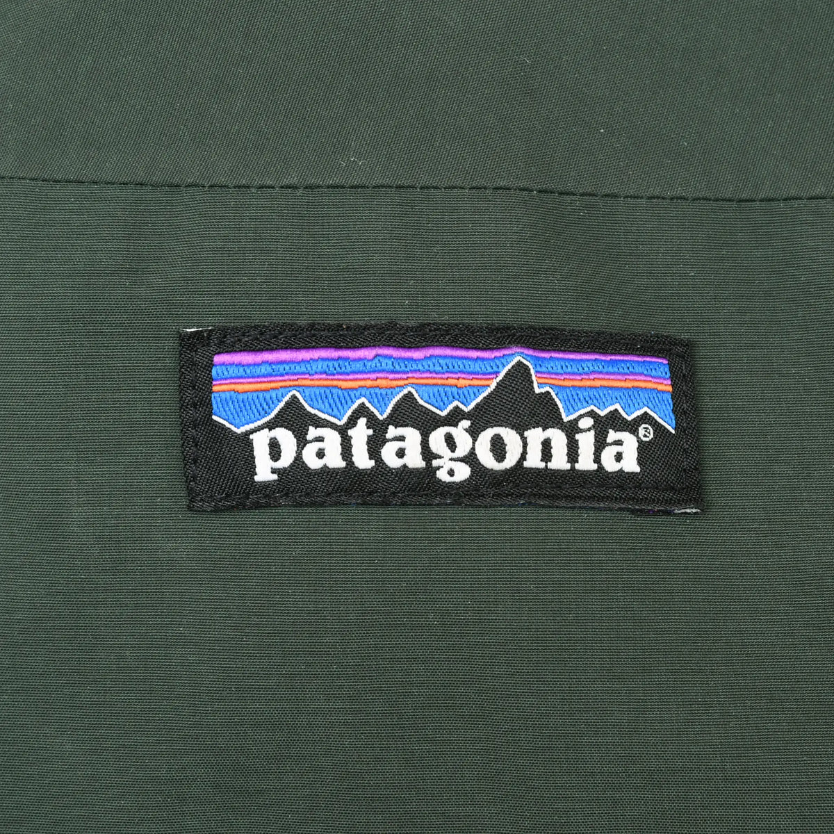Patagonia mountain logo patch on green shell fabric