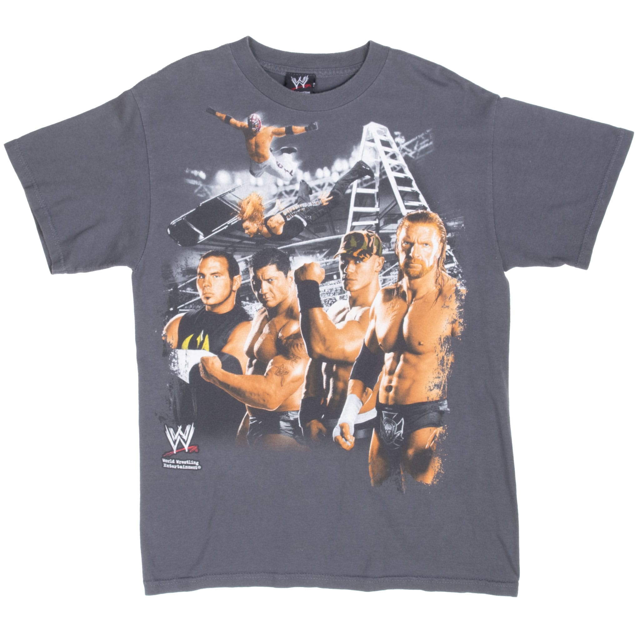 Front of charcoal gray WWE T-shirt with five wrestlers, action scenes, ladders and WWE logo