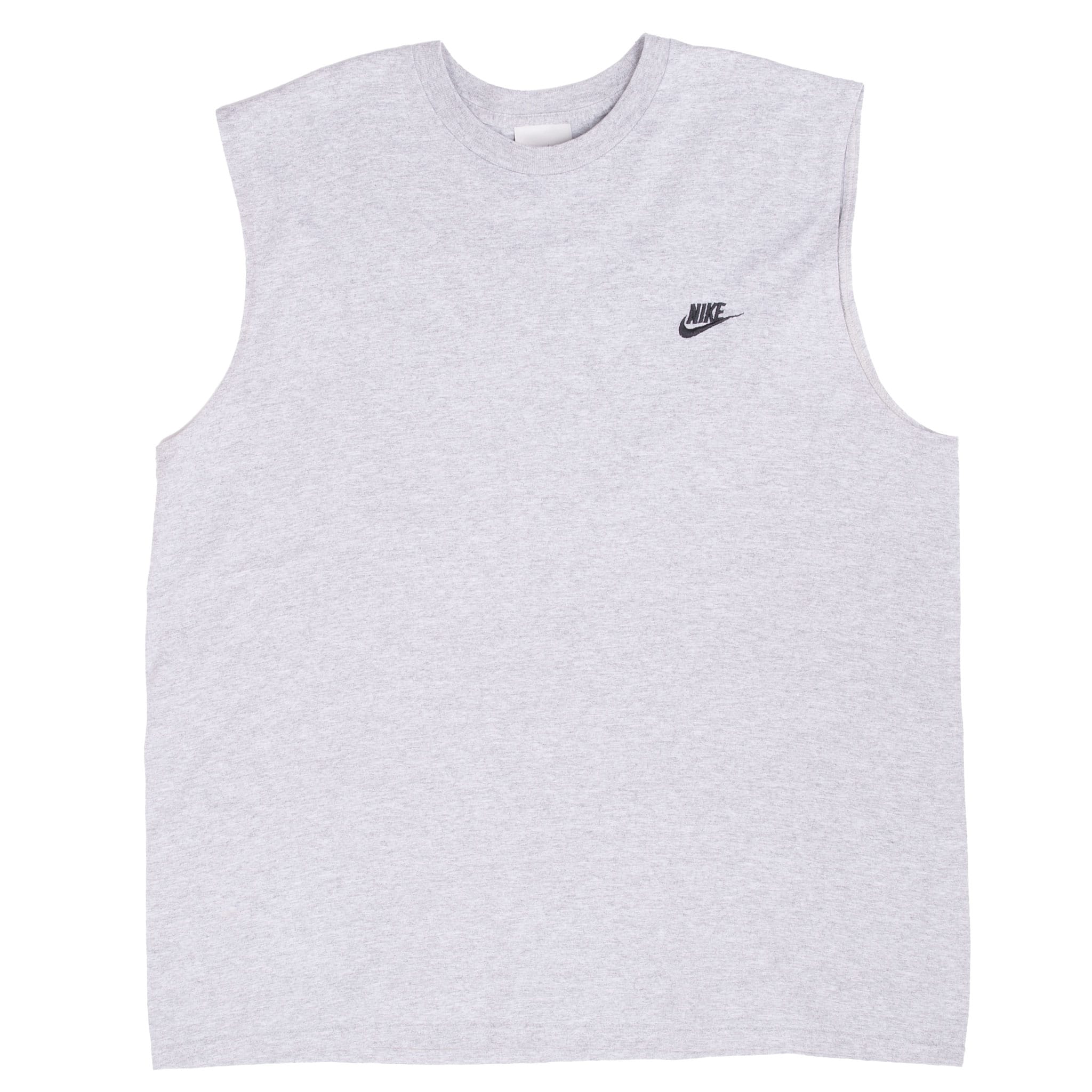 Front of heather grey Nike tank top with wide armholes and black embroidered chest logo