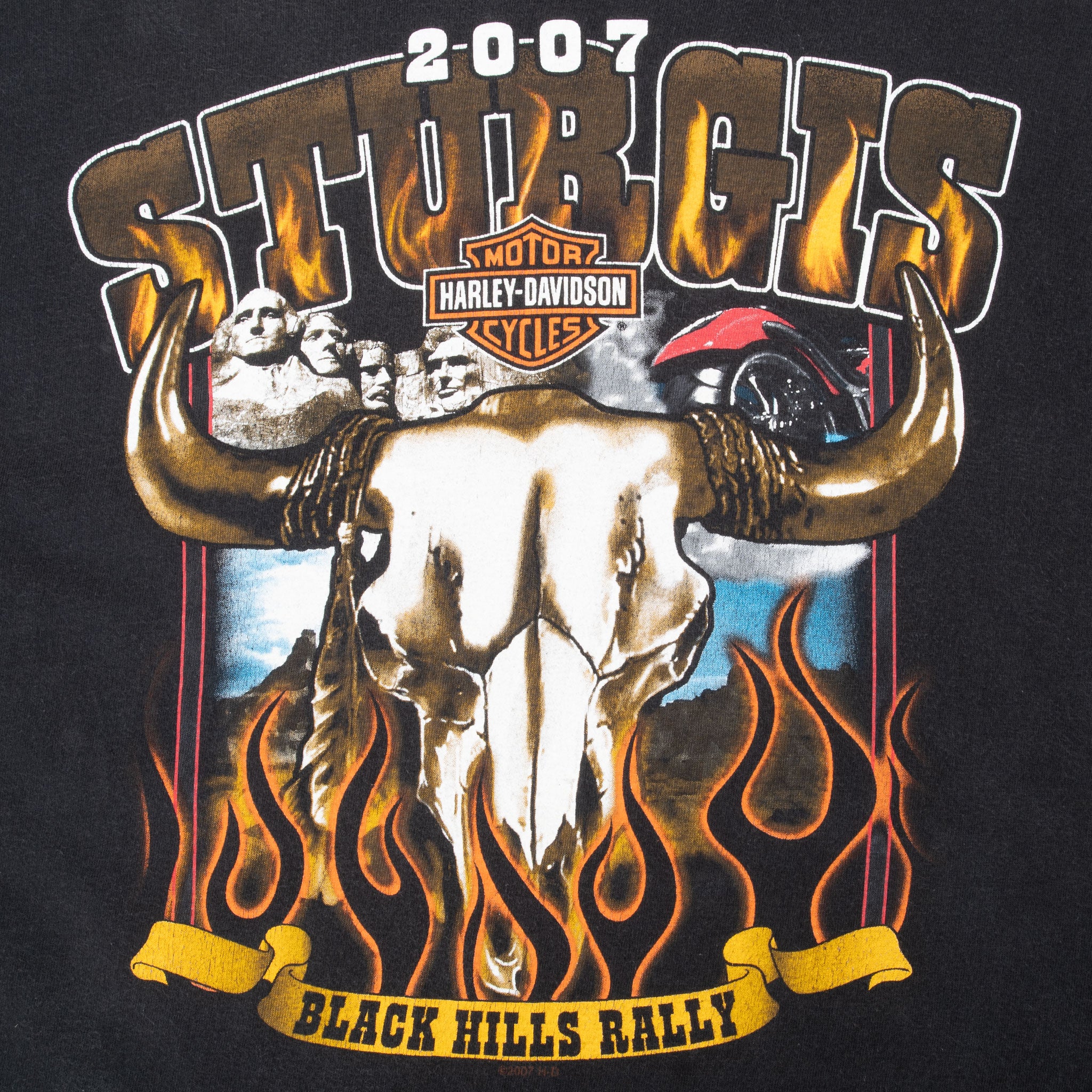 Close-up of Sturgis 2007 Black Hills Rally front graphic with Harley-Davidson logo, steer skull, and flames