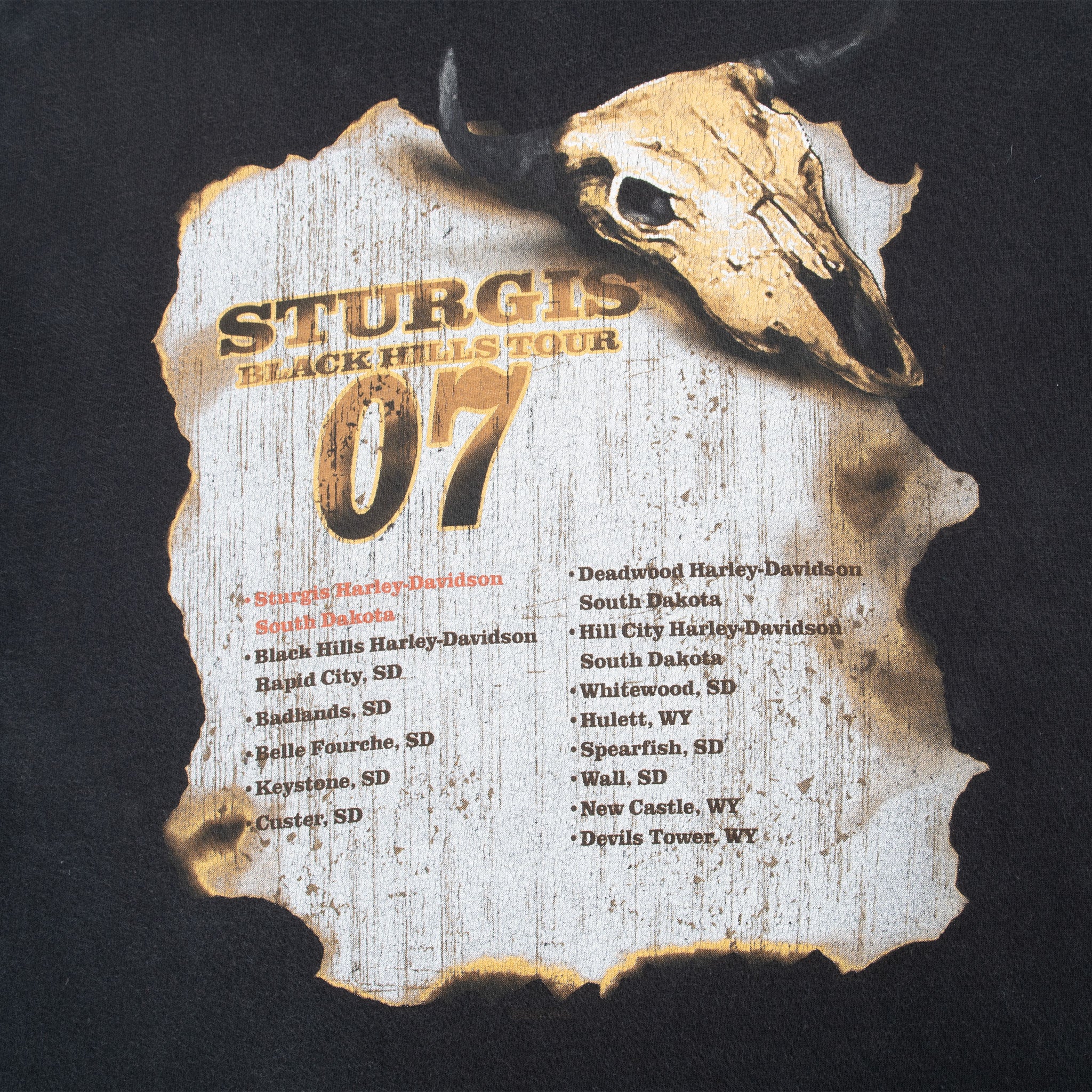 Close-up of Sturgis 07 Black Hills Tour back print with steer skull and Harley-Davidson tour stops