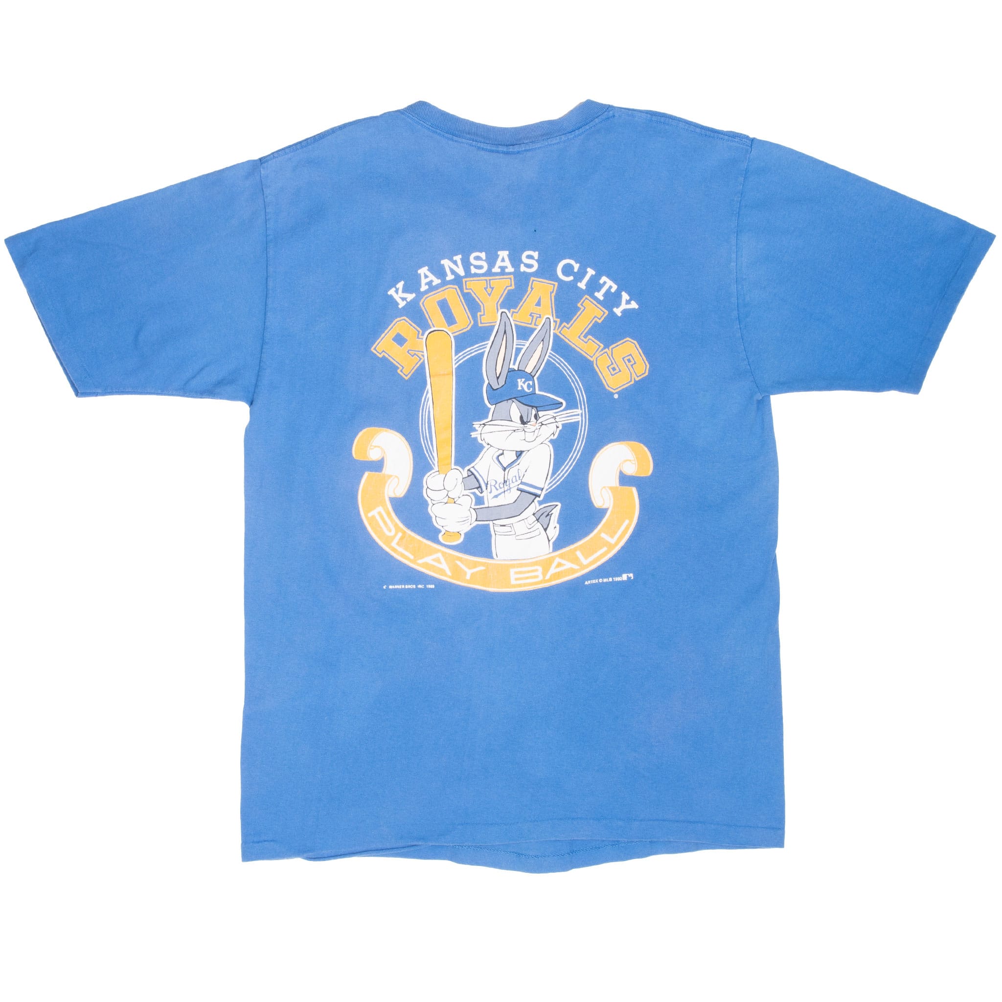 Back of blue Kansas City Royals T-shirt with large Bugs Bunny baseball graphic