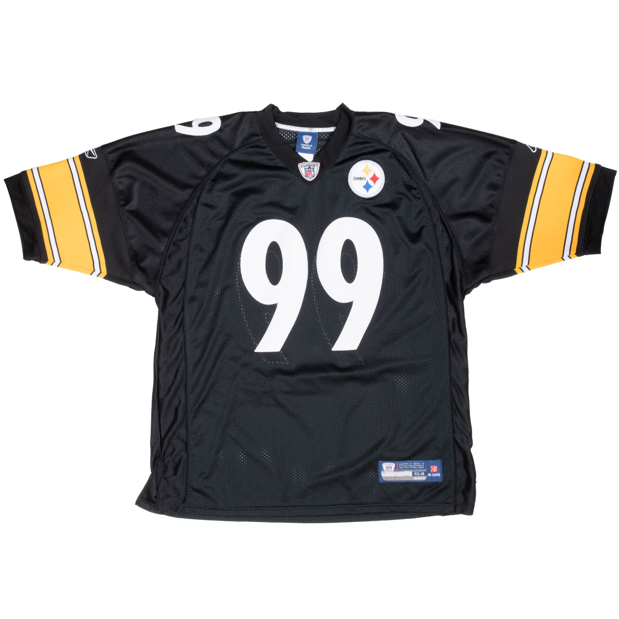 Front of black Pittsburgh Steelers Brett Keisel #99 jersey with yellow striped sleeves