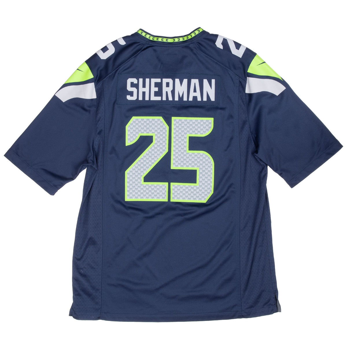 Back of navy Seahawks jersey with Sherman nameplate and number 25