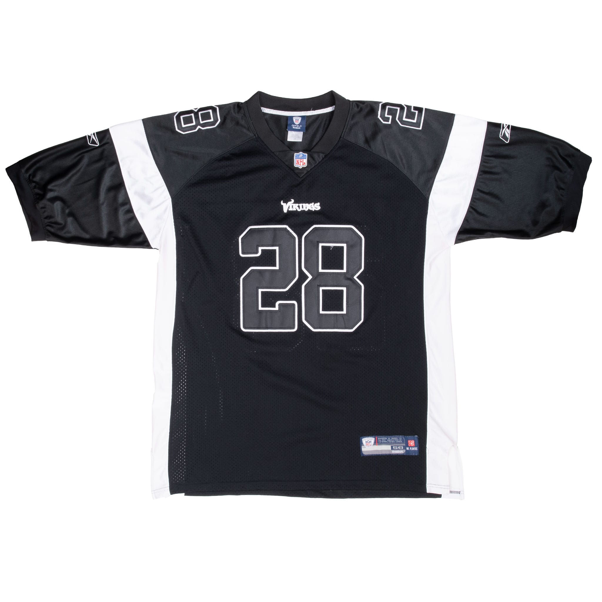 Front of black Minnesota Vikings Adrian Peterson #28 Reebok jersey with white panels