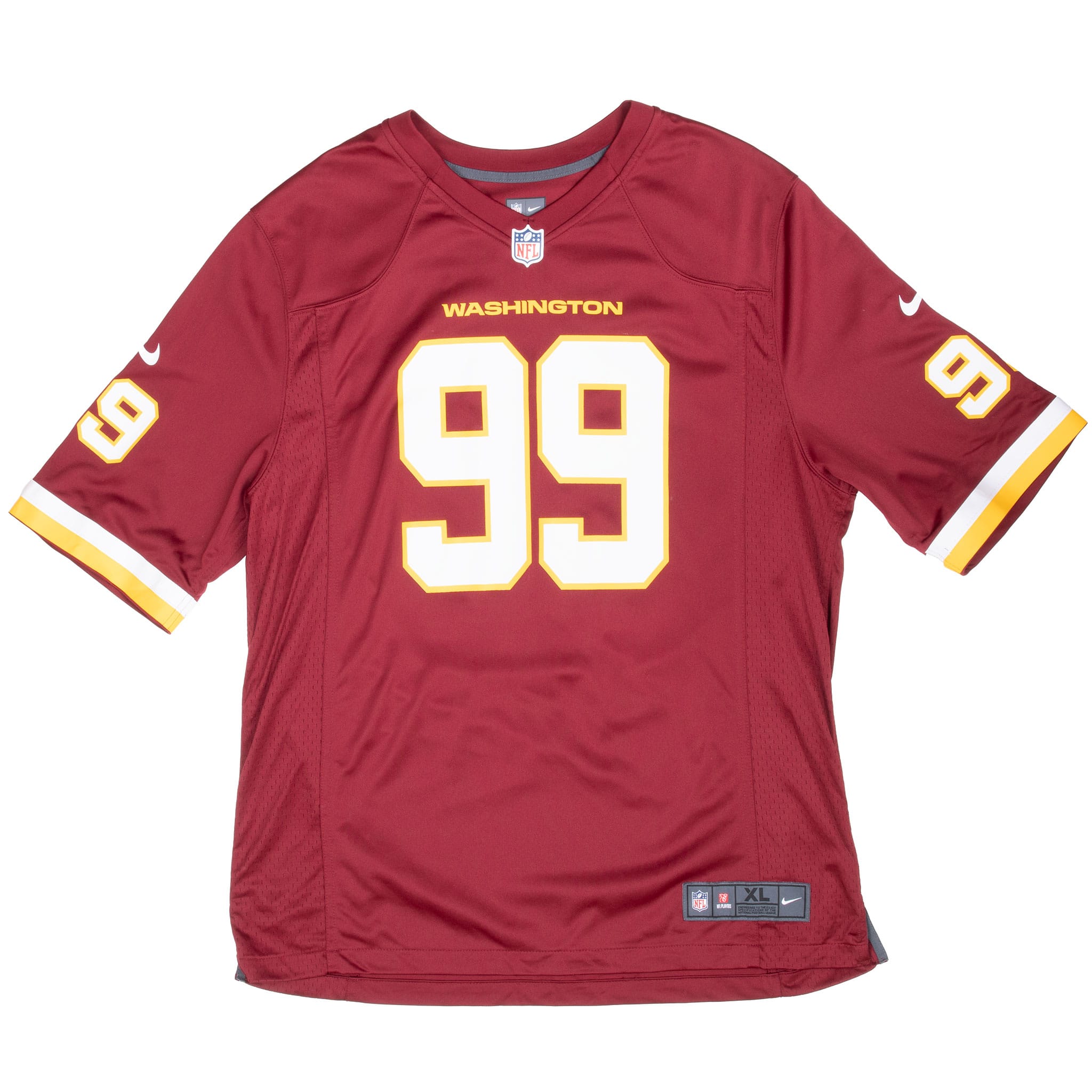 Full front of burgundy Washington Chase Young Nike jersey with number 99 and striped sleeves