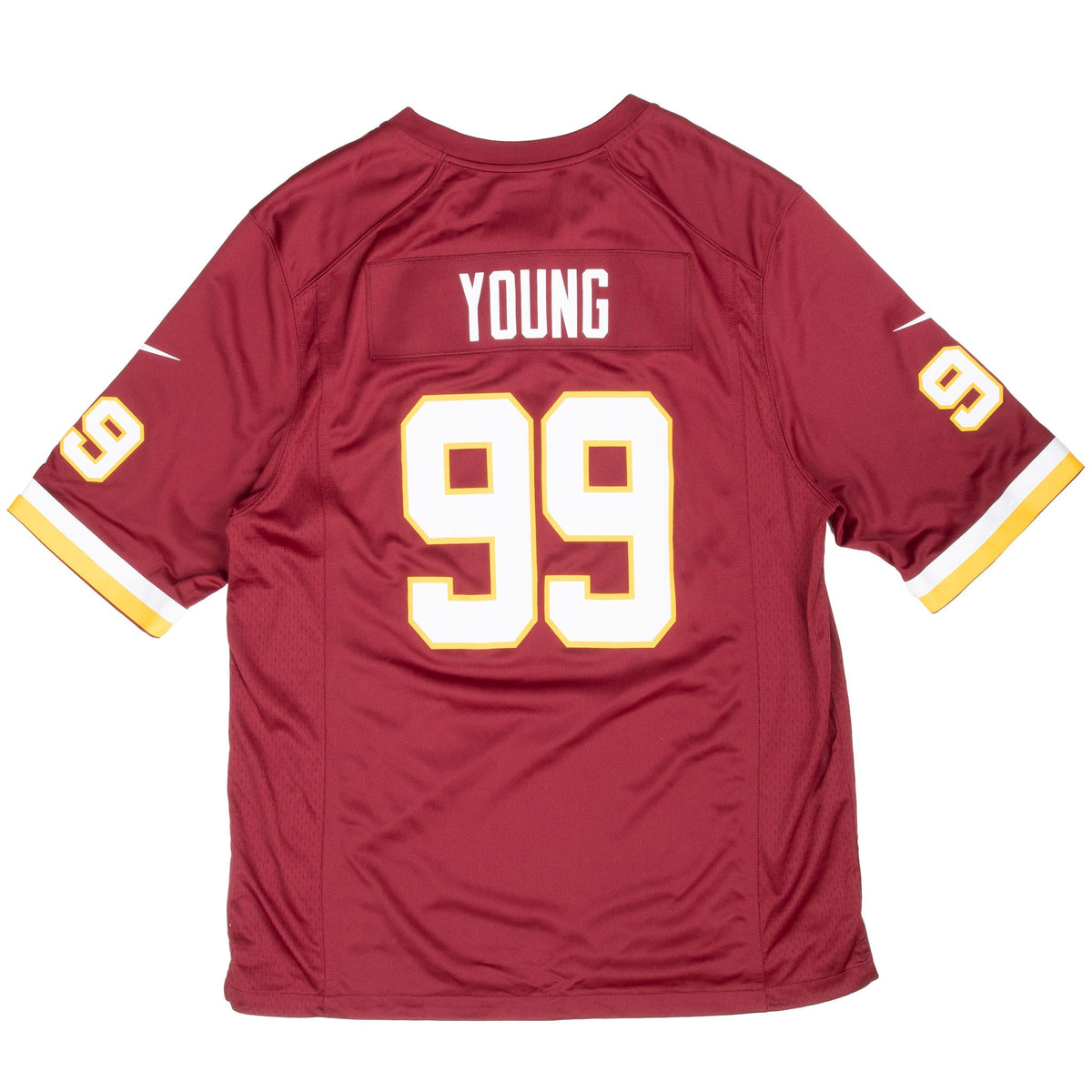 Back of burgundy Washington Nike jersey with Young name and white and gold number 99
