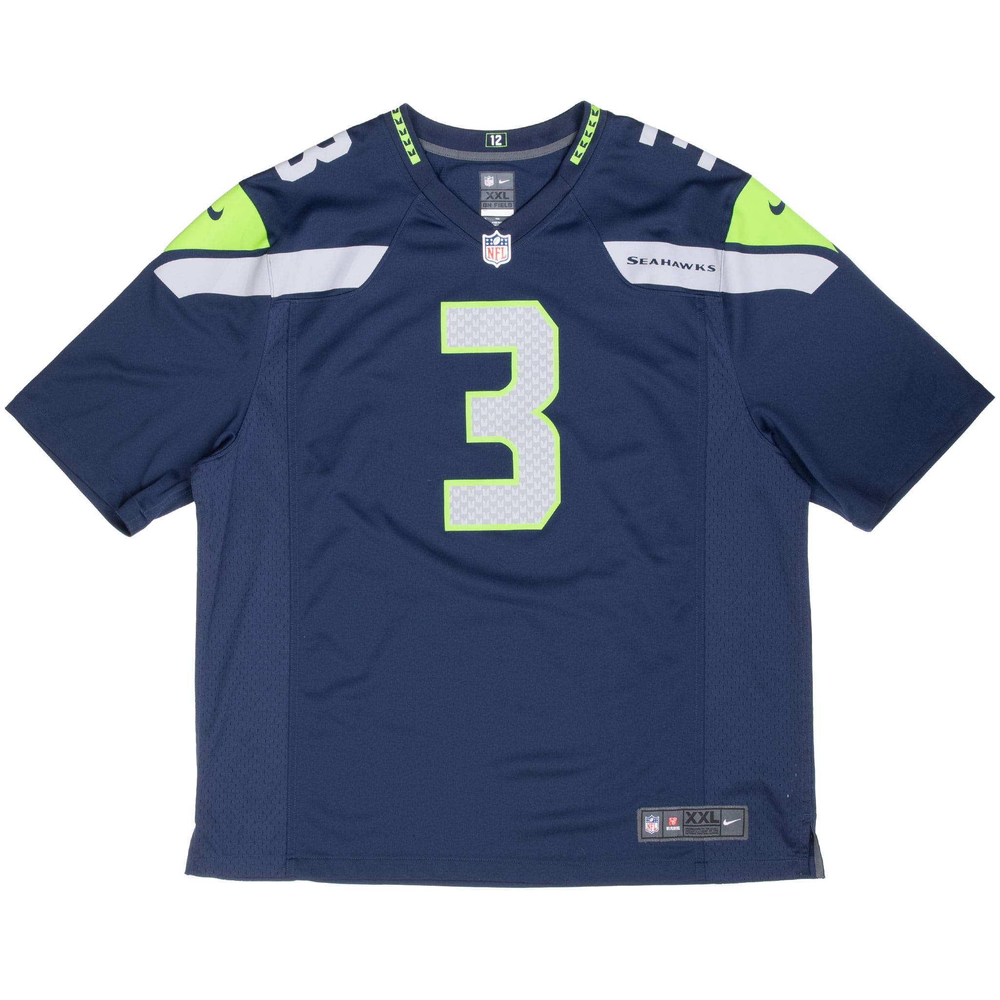 Front of navy Seattle Seahawks Russell Wilson Nike jersey with gray and neon green number 3