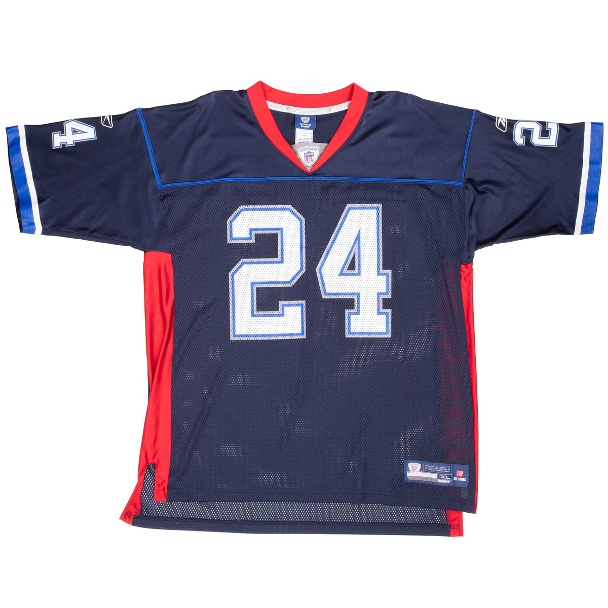 Front of navy Buffalo Bills McGee #24 Reebok jersey with red panels and striped sleeve trim