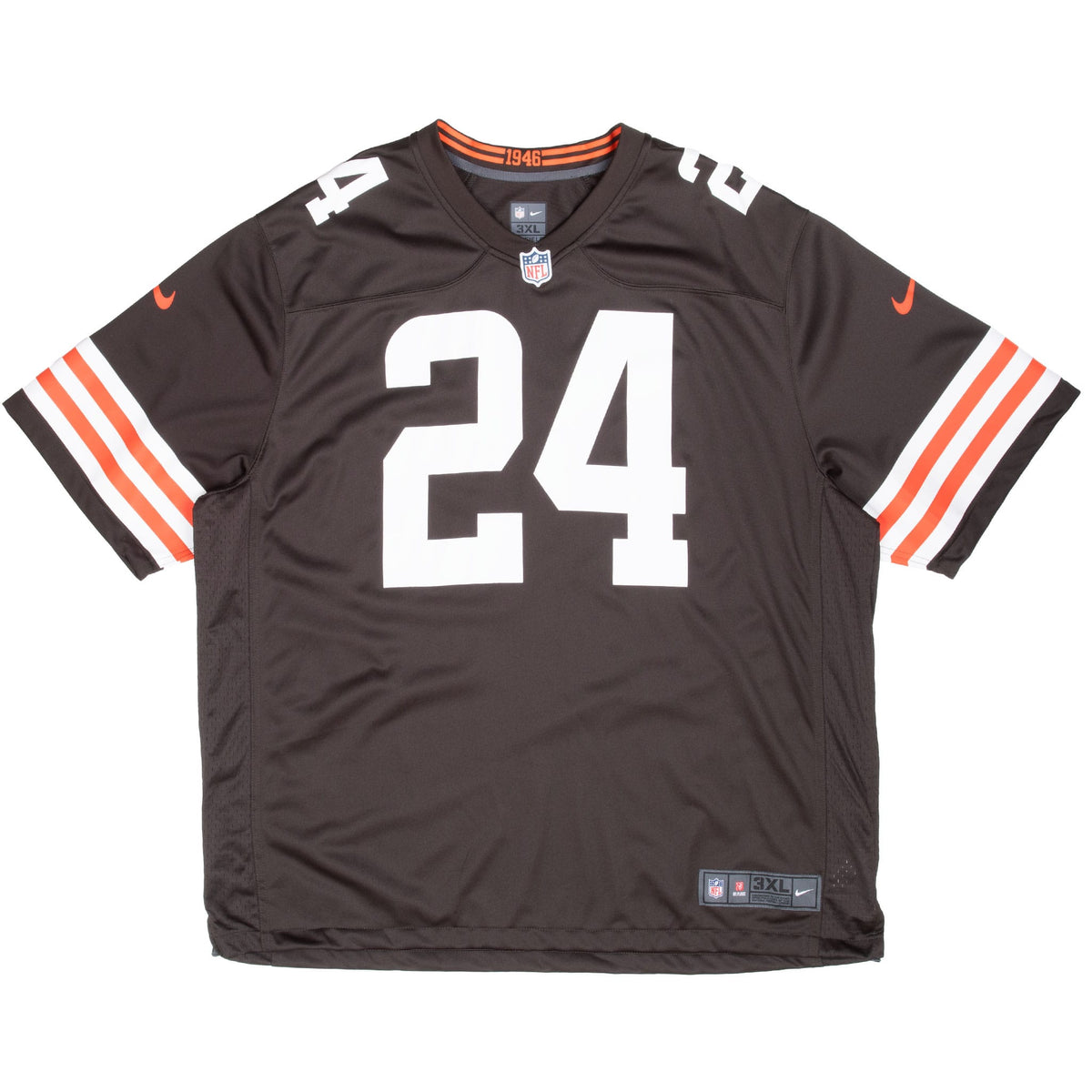Front of brown Cleveland Browns Nick Chubb Nike jersey with white 24 and striped sleeves