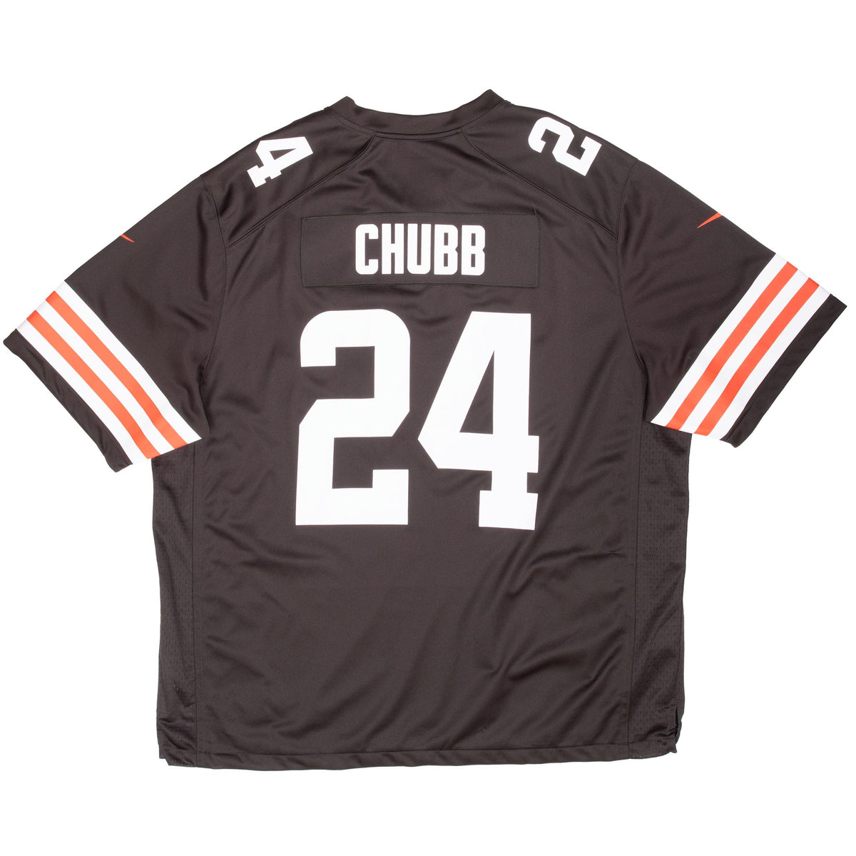 Back of brown Cleveland Browns jersey with Chubb nameplate, white 24 and striped sleeves