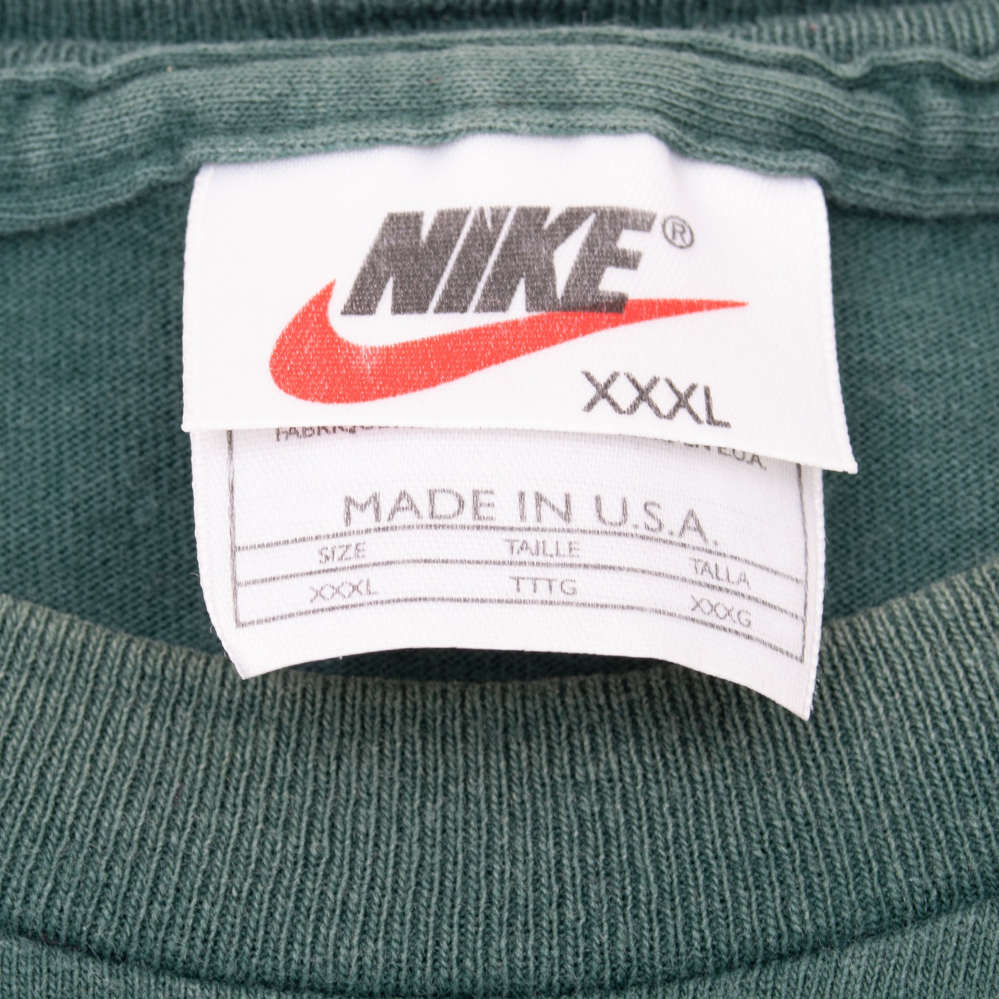 VINTAGE NIKE BIG SWOOSH GREEN TEE SHIRT 1990S 3XL MADE IN USA