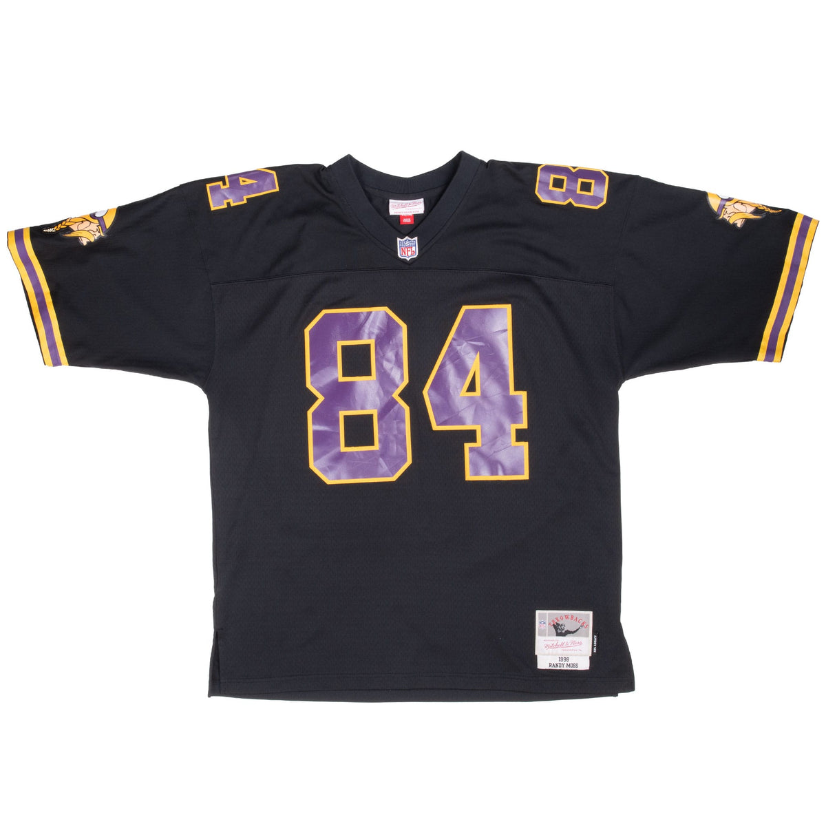 Front of black Minnesota Vikings Randy Moss #84 Mitchell & Ness jersey