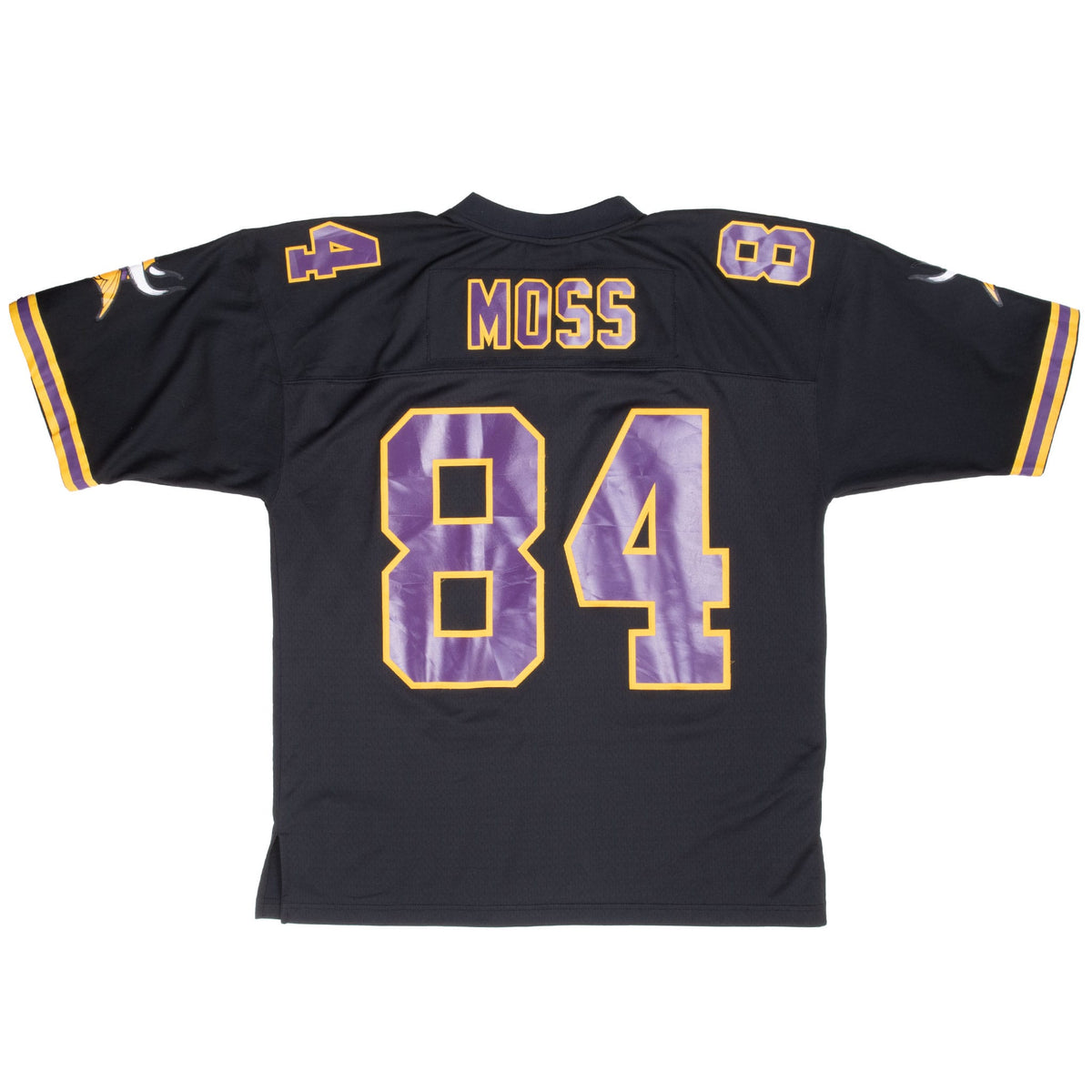Back of black Minnesota Vikings jersey with Moss name and purple and gold number 84