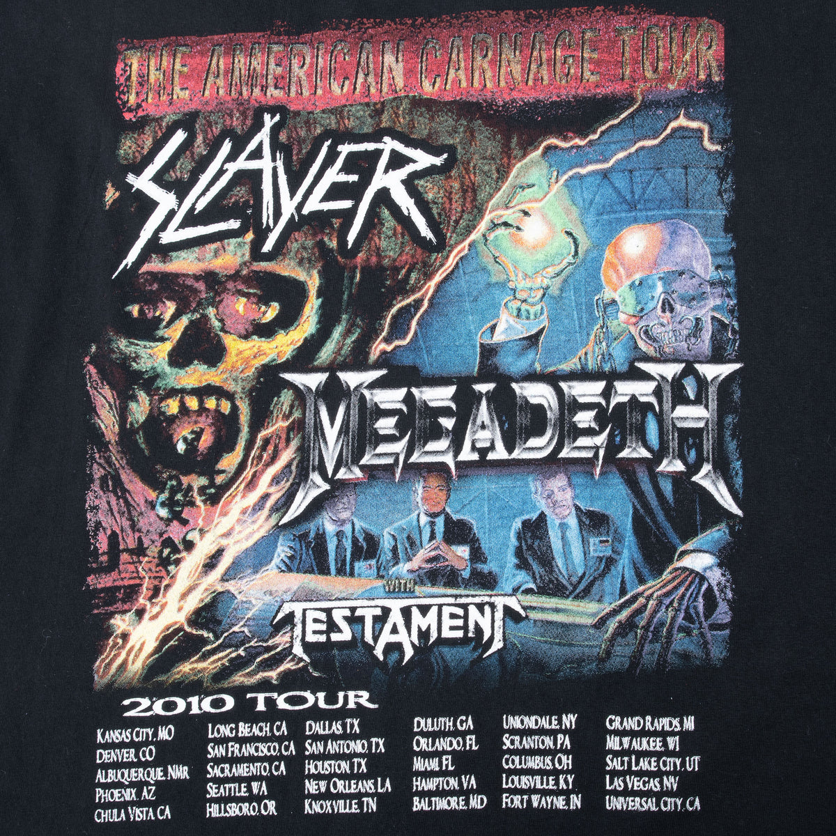 Close-up of American Carnage 2010 tour back print with Slayer, Megadeth, Testament and tour dates