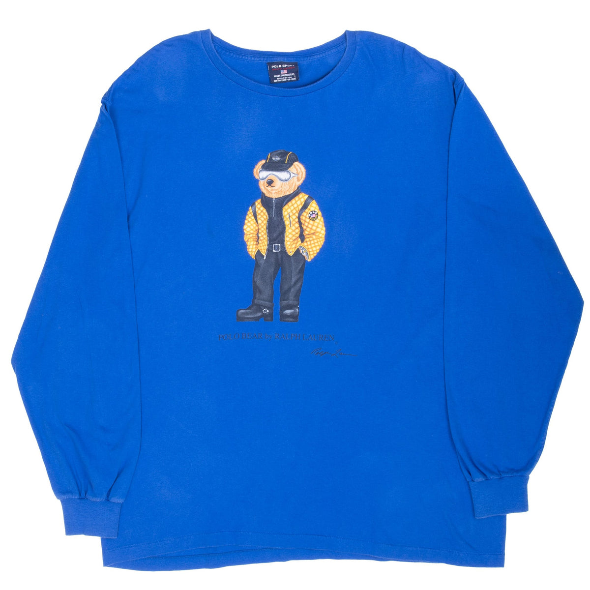 Full front view of blue Ralph Lauren Polo Sport long-sleeve T-shirt with Polo Bear graphic