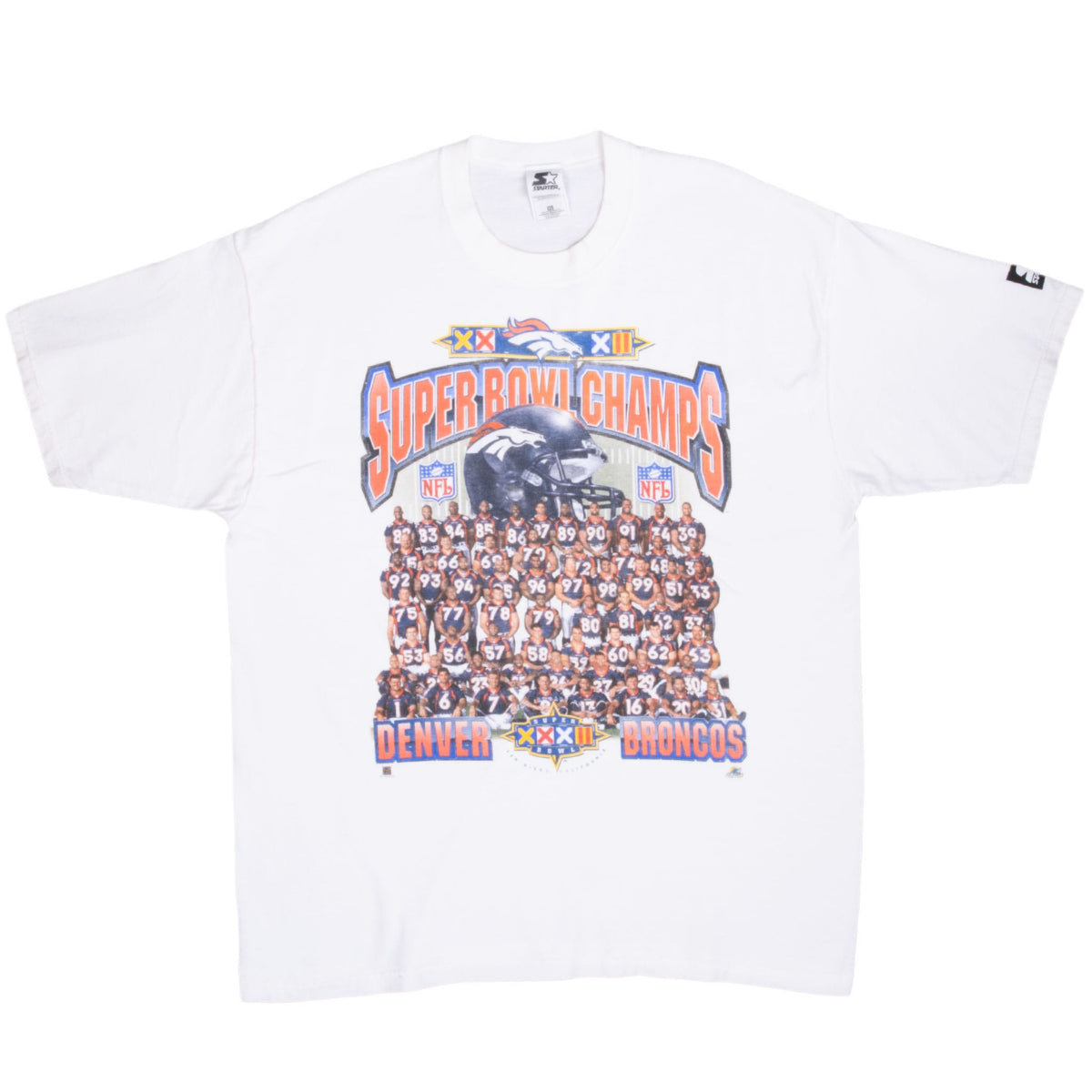 Front of white Starter Denver Broncos Super Bowl XXXII champions T-shirt with team photo graphic