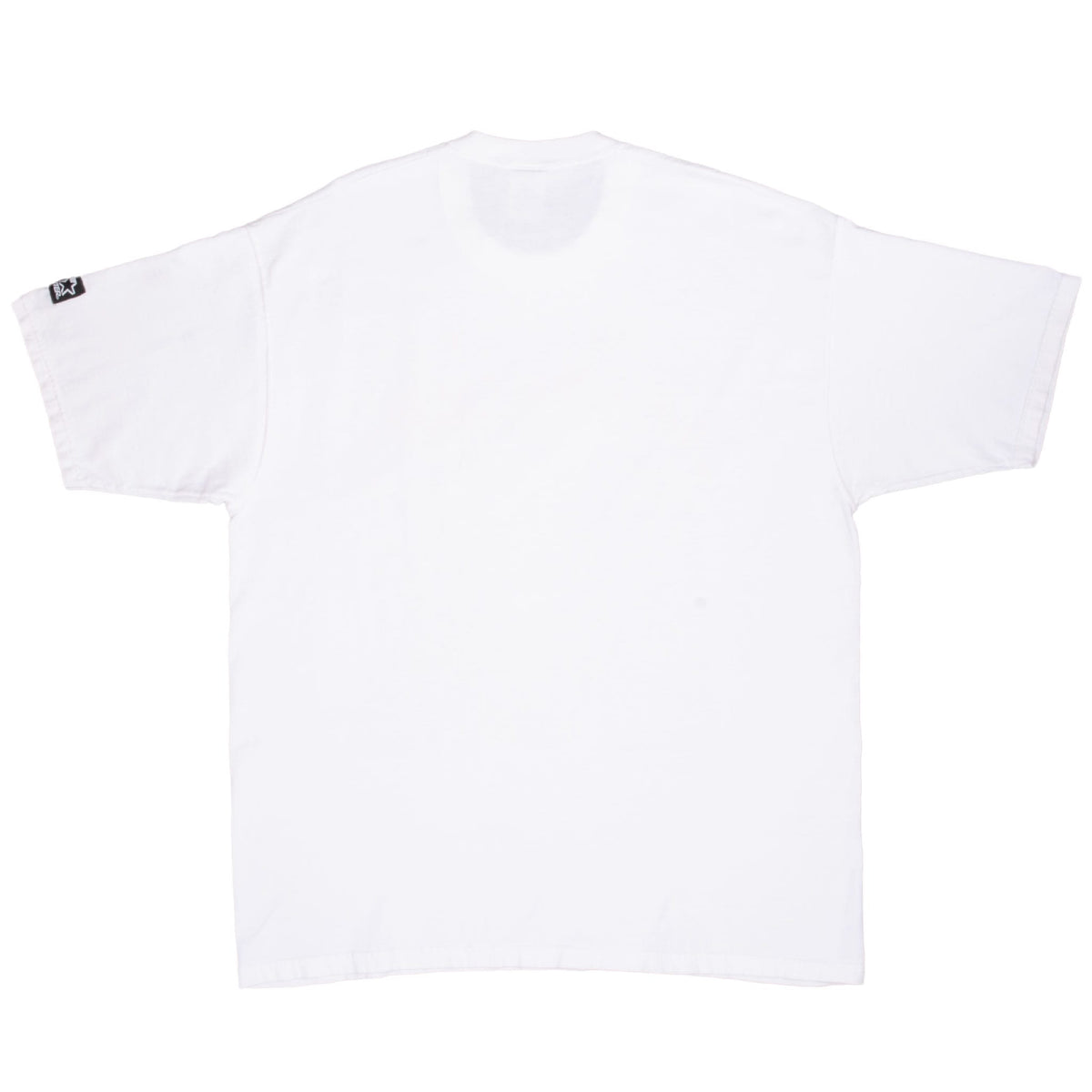 Plain back of white Denver Broncos short-sleeve T-shirt with Starter sleeve tag