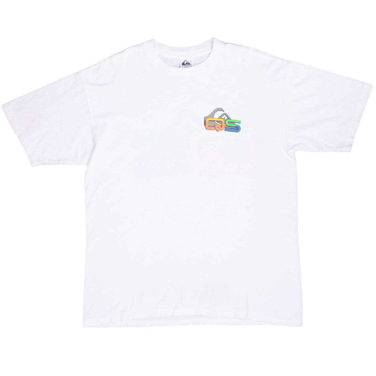 Front of white Quiksilver crewneck T-shirt with small multicolor left-chest logo