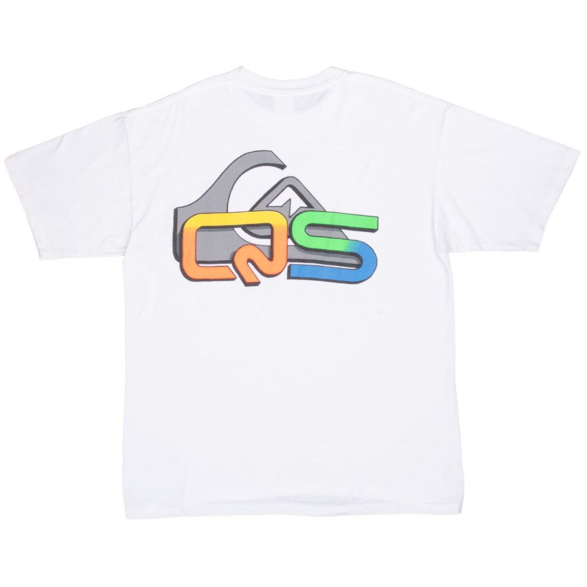 Back of white Quiksilver T-shirt with oversized gray, orange, yellow, green and blue logo